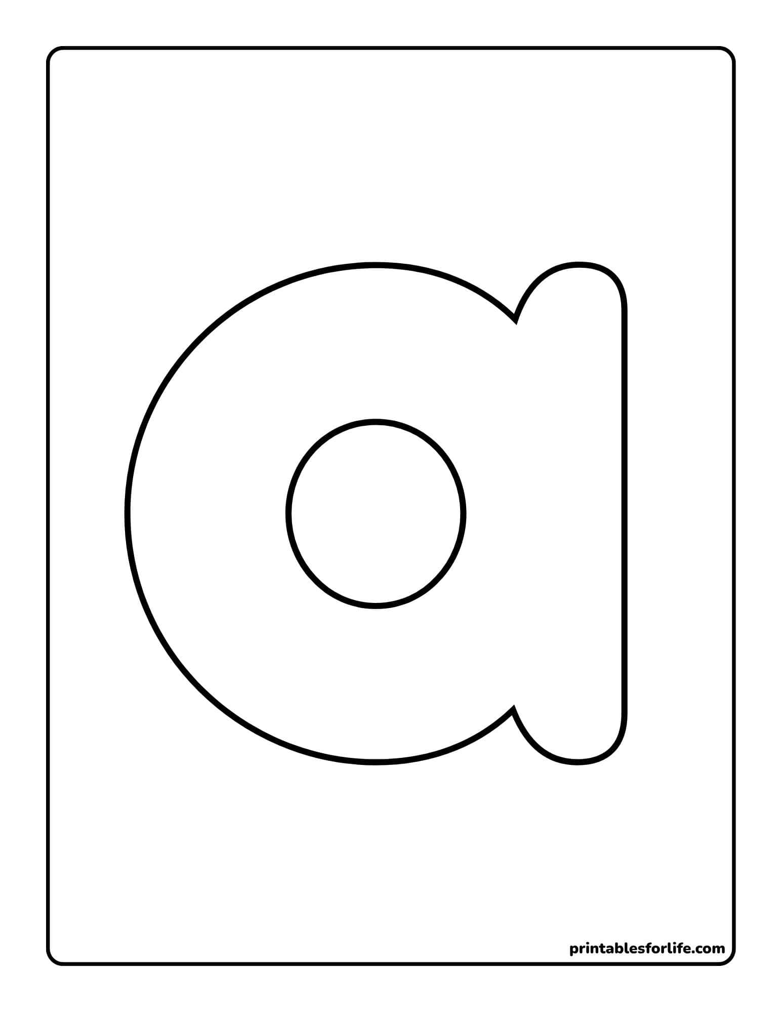 Large lowercase letter 'a' outlined in black on a vertical white rectangular coloring page with rounded border.