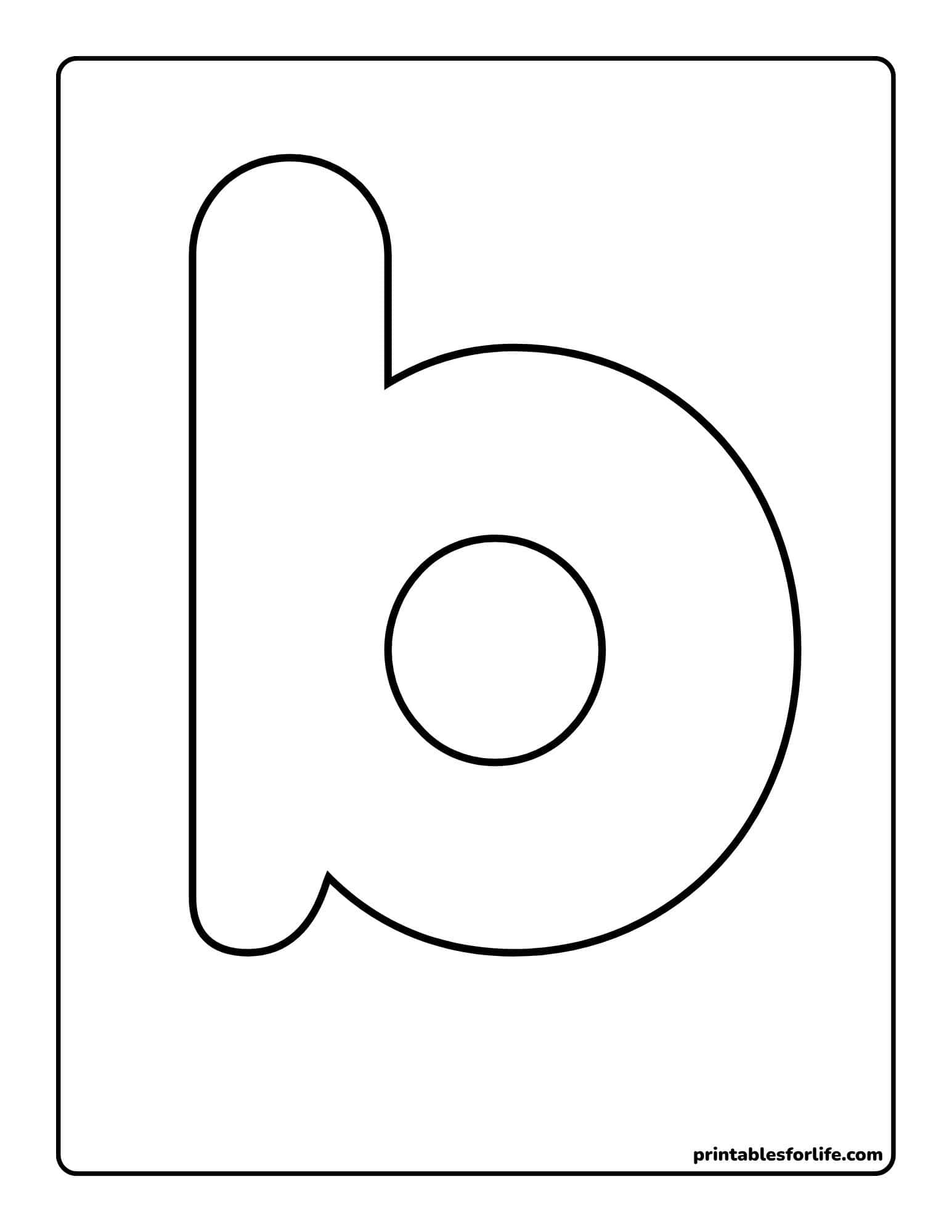 Black outlined lowercase letter b with a centered circular hole on a white vertical rectangle page with rounded corners.