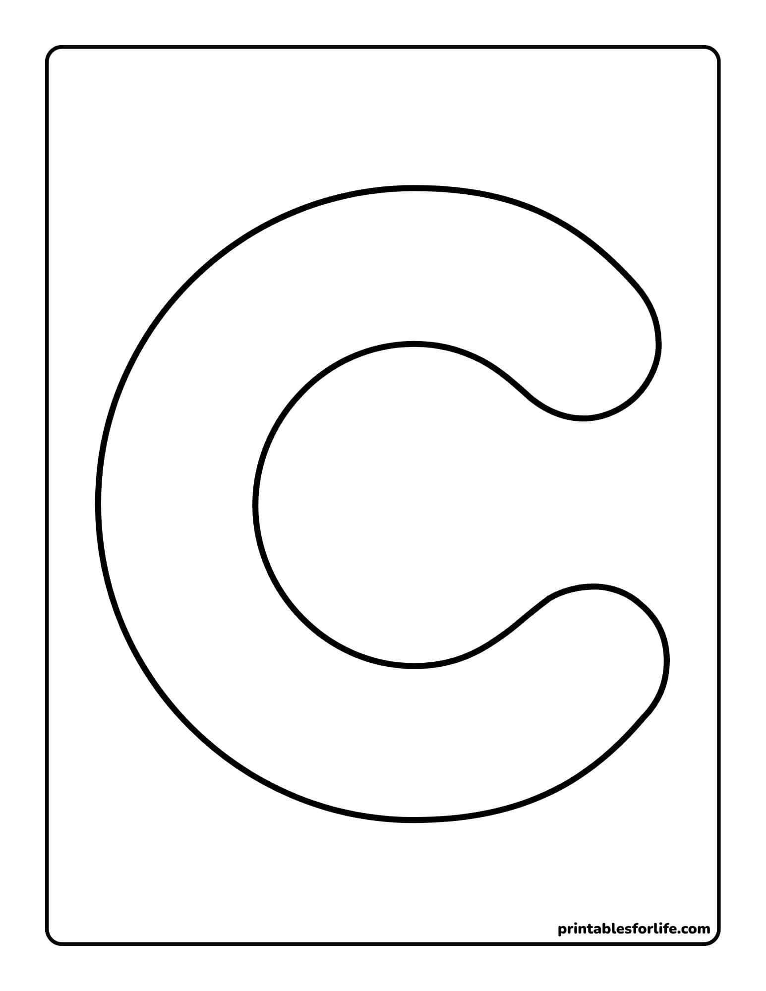Large bold outline letter C centered on a vertical rectangle page with a thin rounded border and white background.