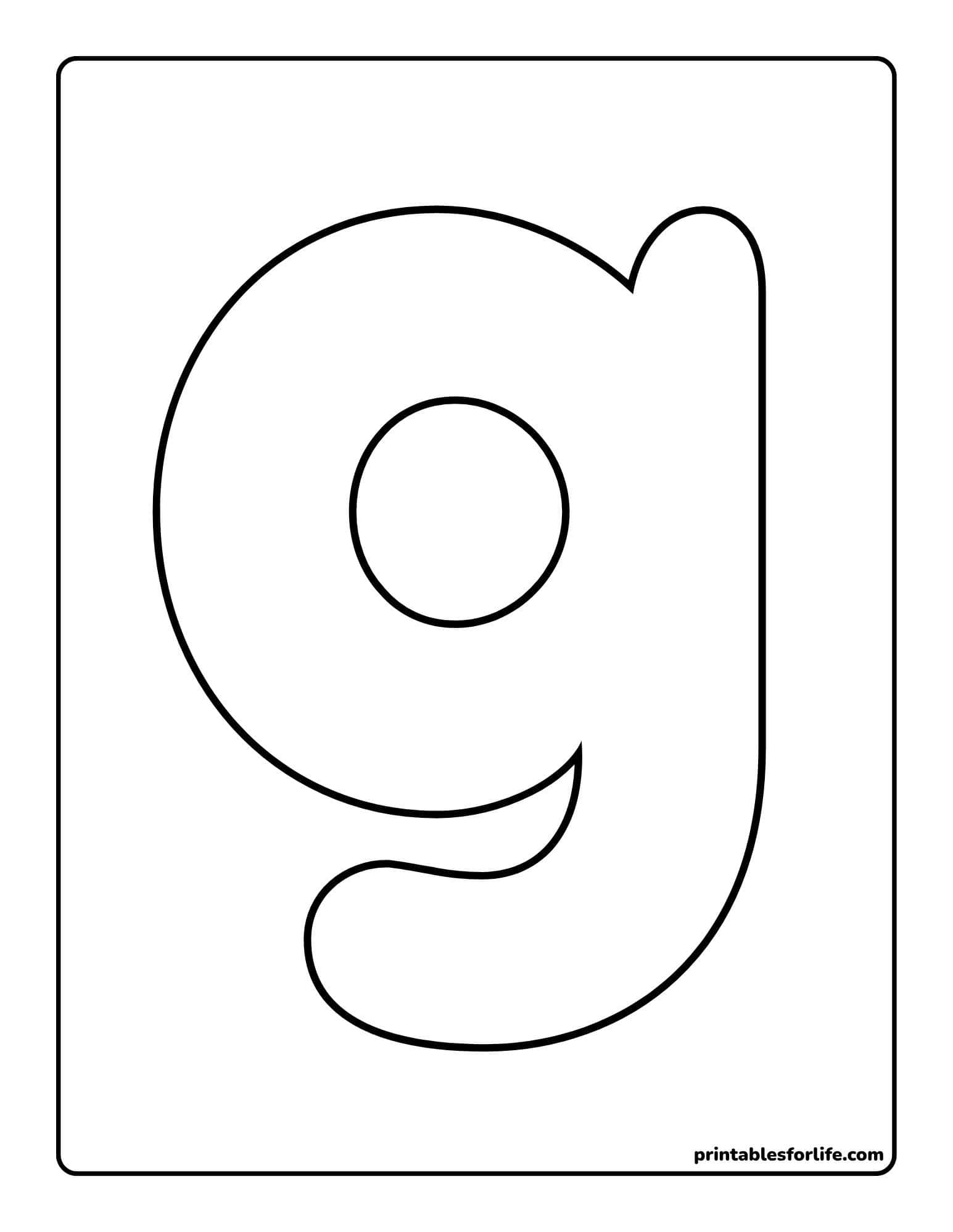 Large outlined lowercase letter 'g' centered on a vertical rectangular coloring page with thick border lines.
