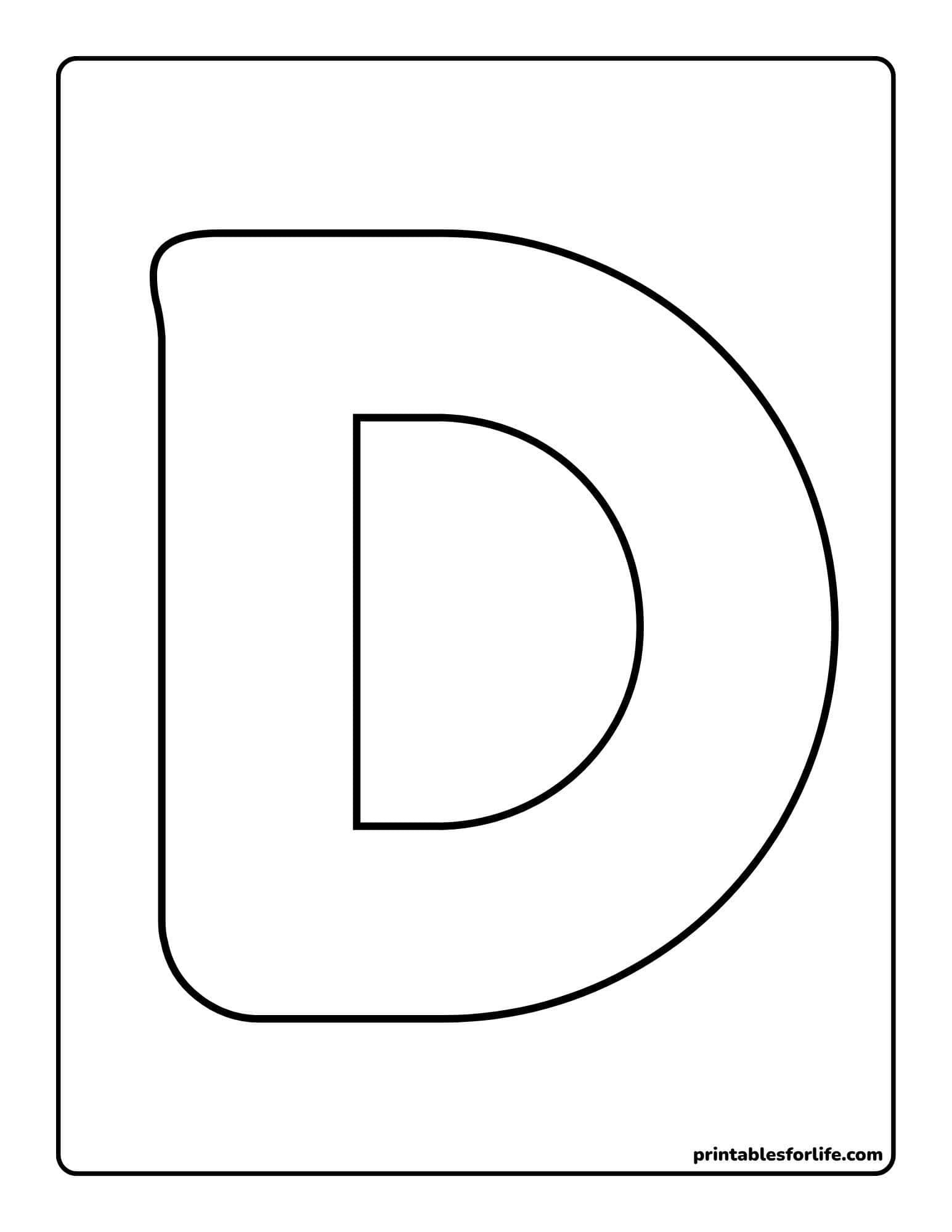 Large outlined letter D with double borders centered on a vertical rectangular page for coloring, thick black lines on white.