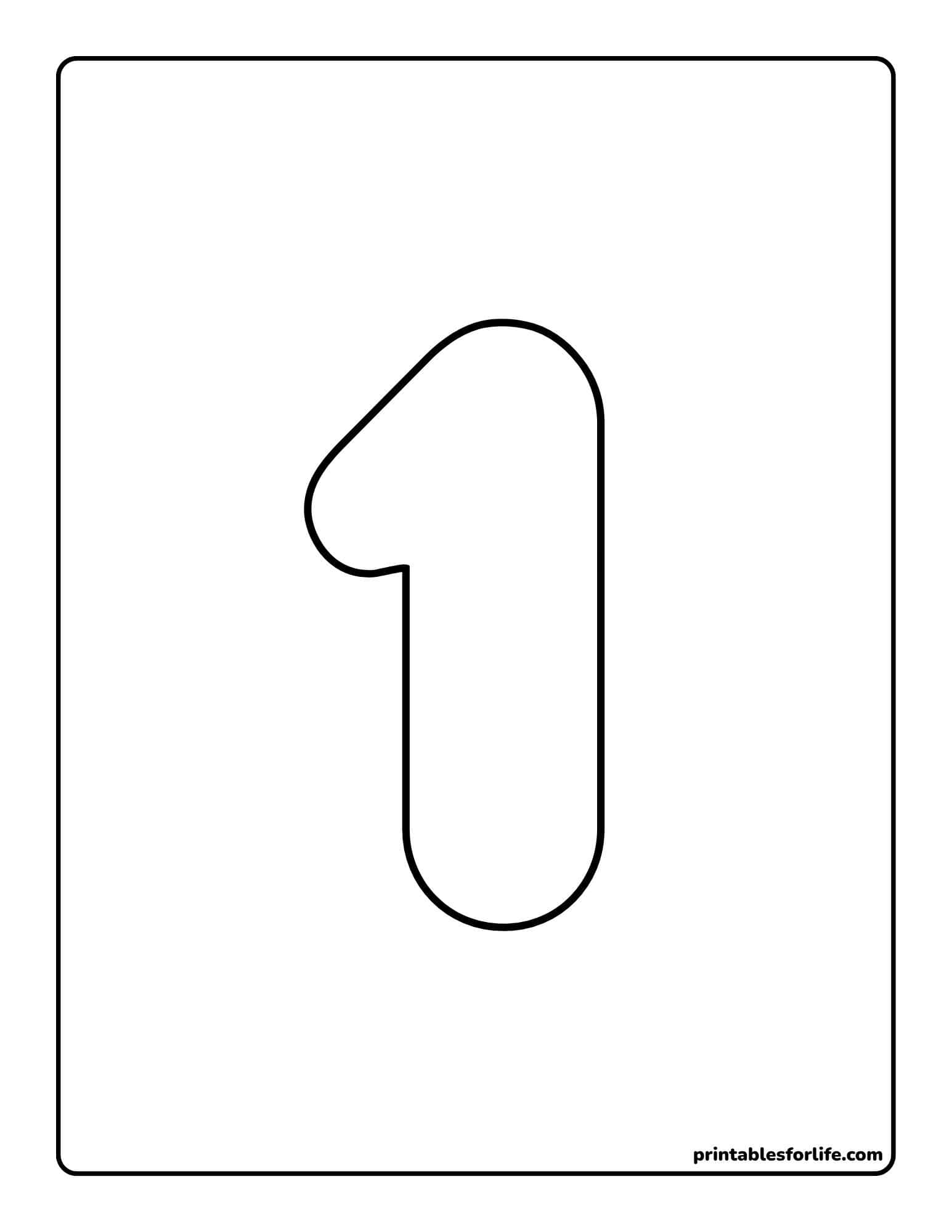 Minimal black outline of a rounded number one shape centered on a tall vertical rounded-rectangle page with a thin border.