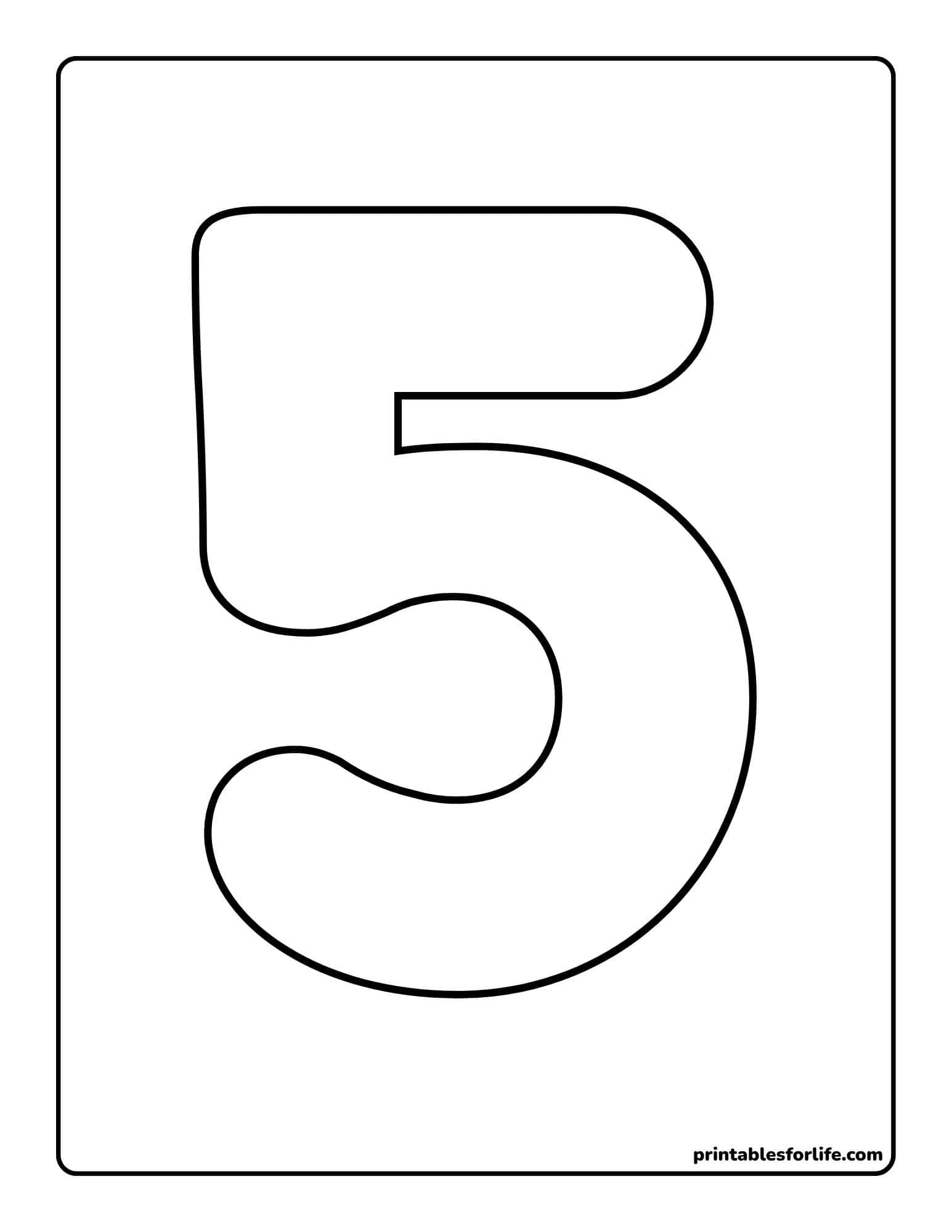 Large bold outlined numeral 5 centered on a vertical letter-sized white page with a rounded rectangular border.