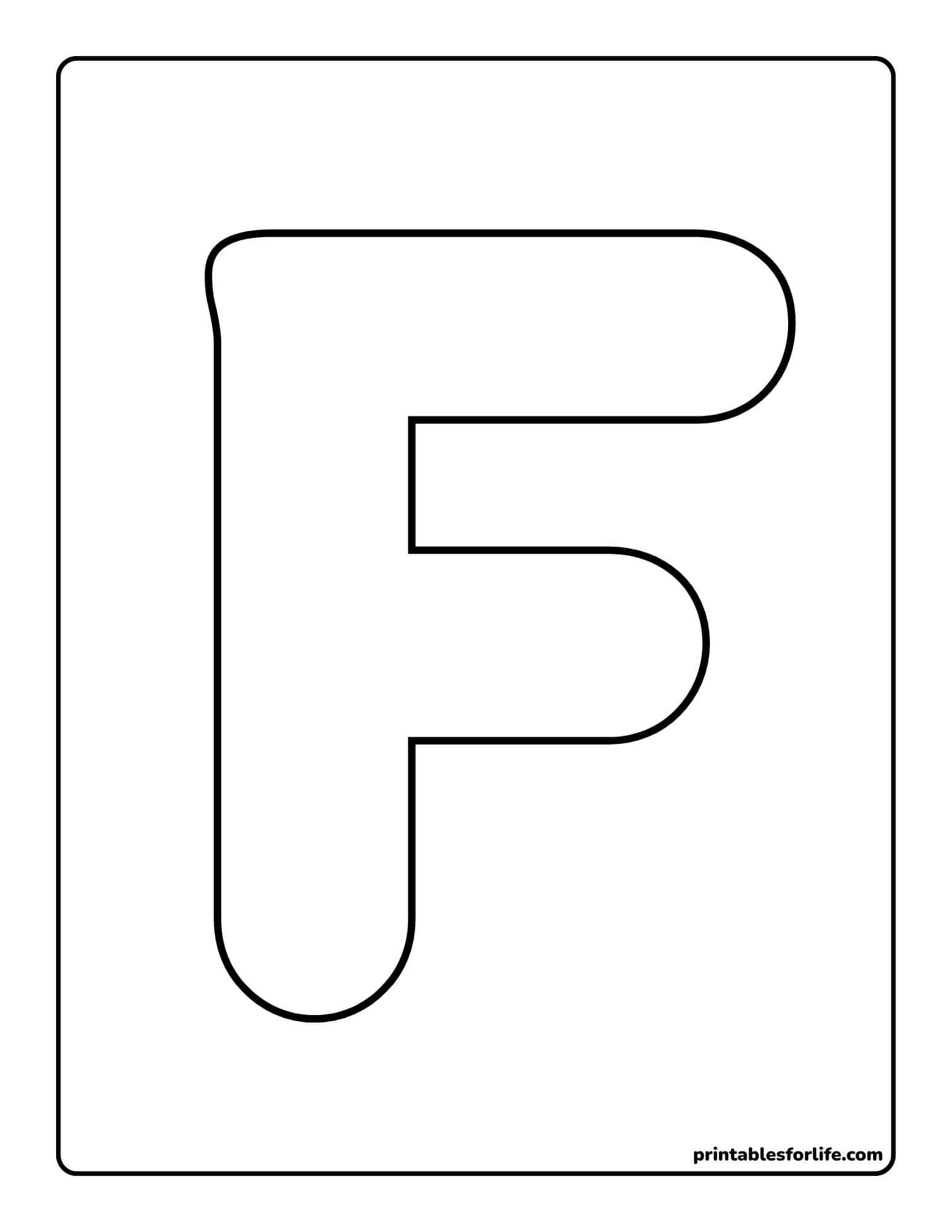 Large outlined letter 'F' in a rounded block style centered on a portrait-oriented blank coloring page with border.