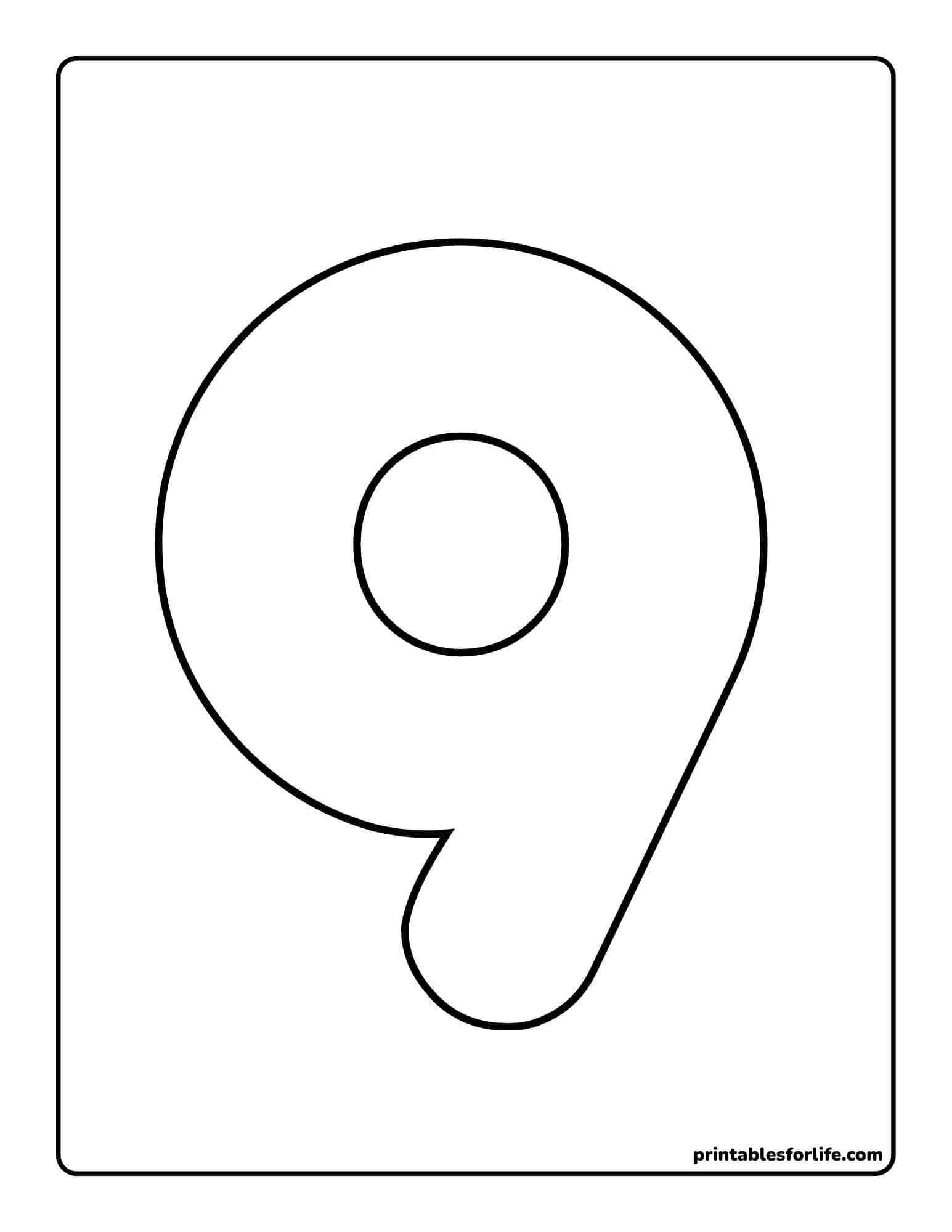 Large bold outlined number nine centered on a vertical blank coloring page with rounded rectangular border.