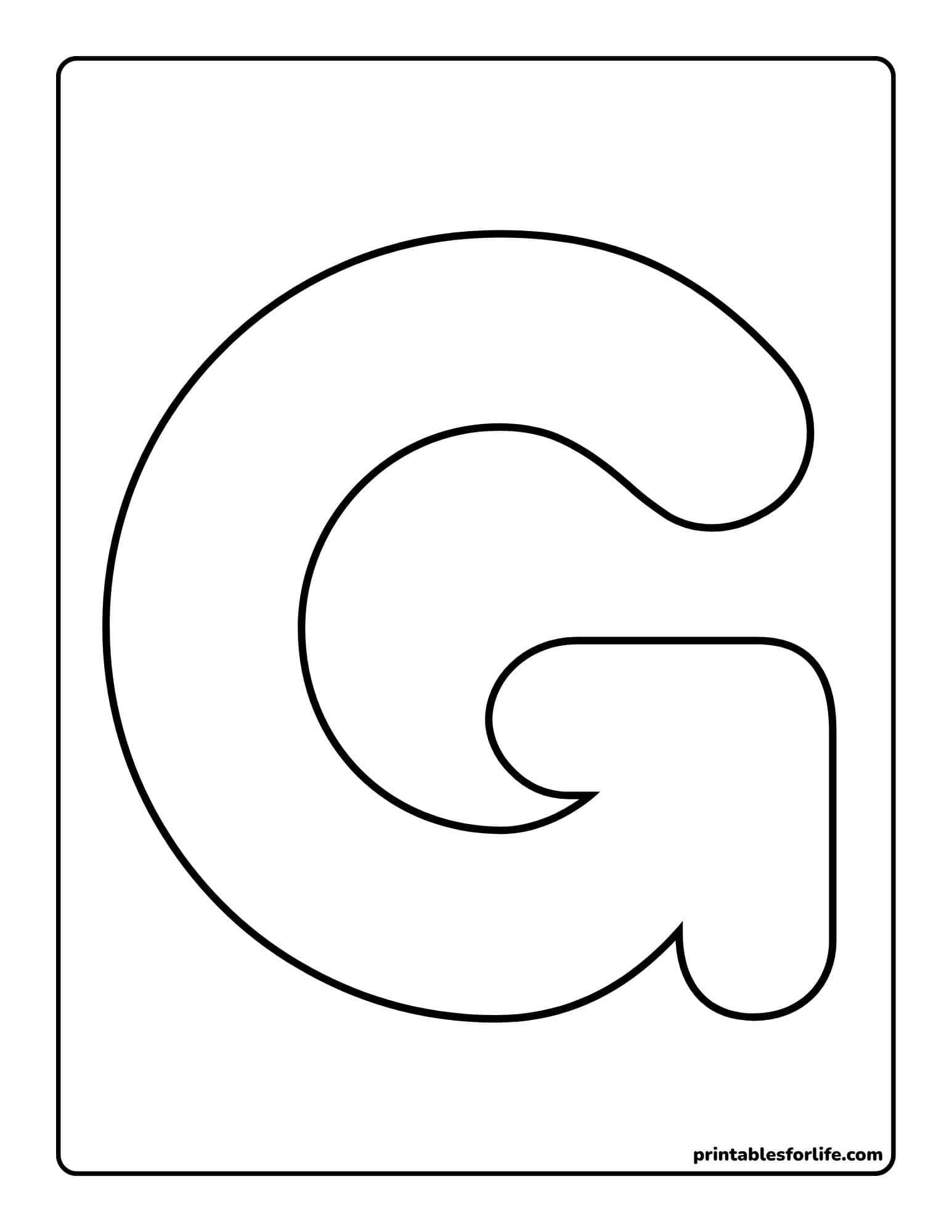 Large bold outlined letter G in a decorative rounded style centered on a vertical white rectangular printable page.