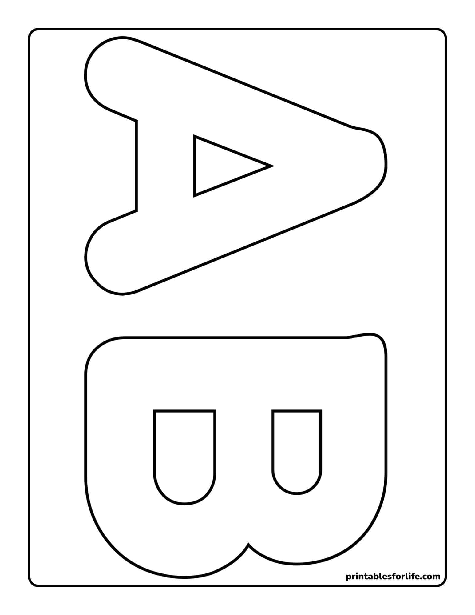 Black outline coloring page showing two large stacked rounded shapes resembling play and pause icons inside a rounded-rectangle border.