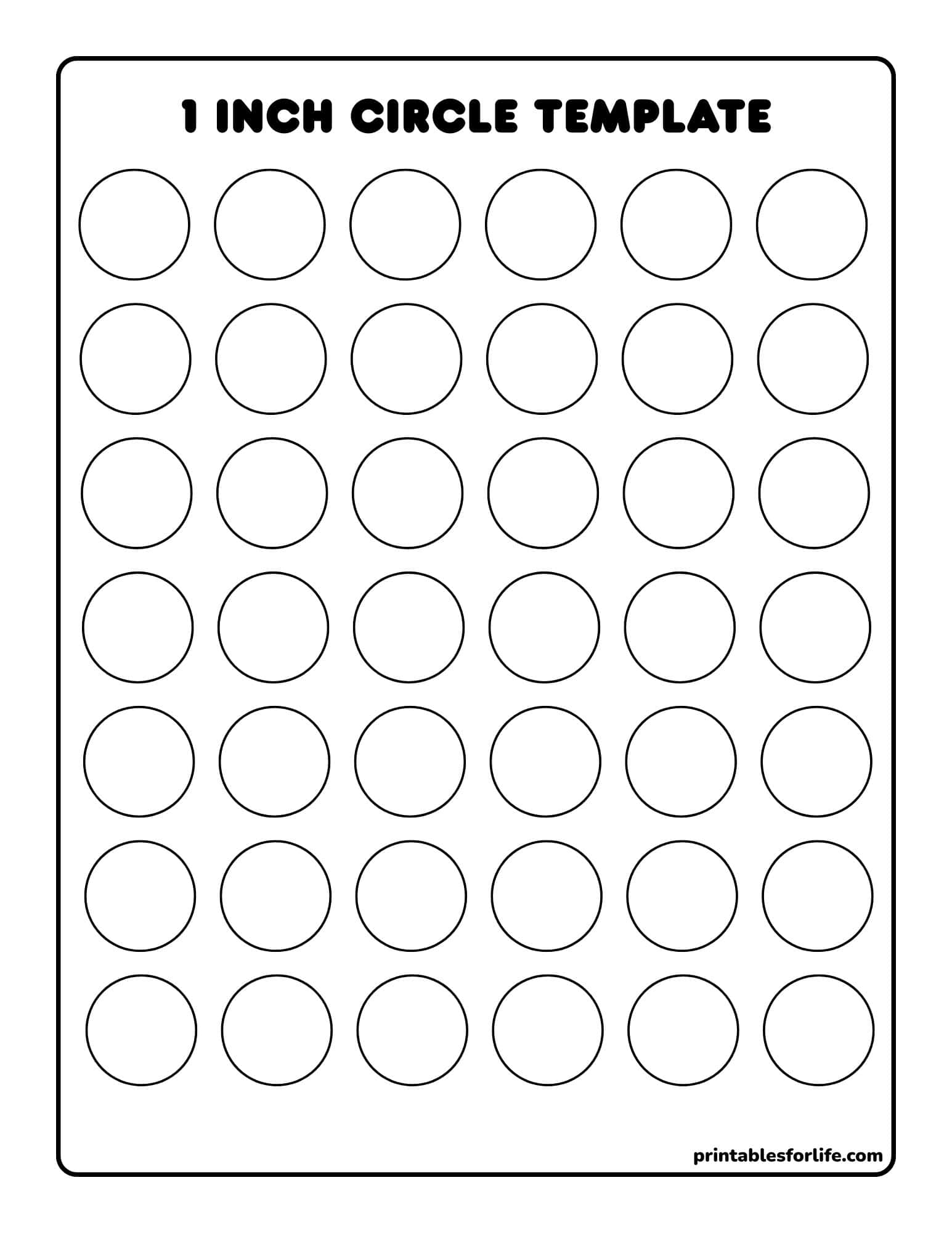 Black-and-white 1-inch circle template grid with six columns and eight rows of outlined circular cutouts on a portrait page.