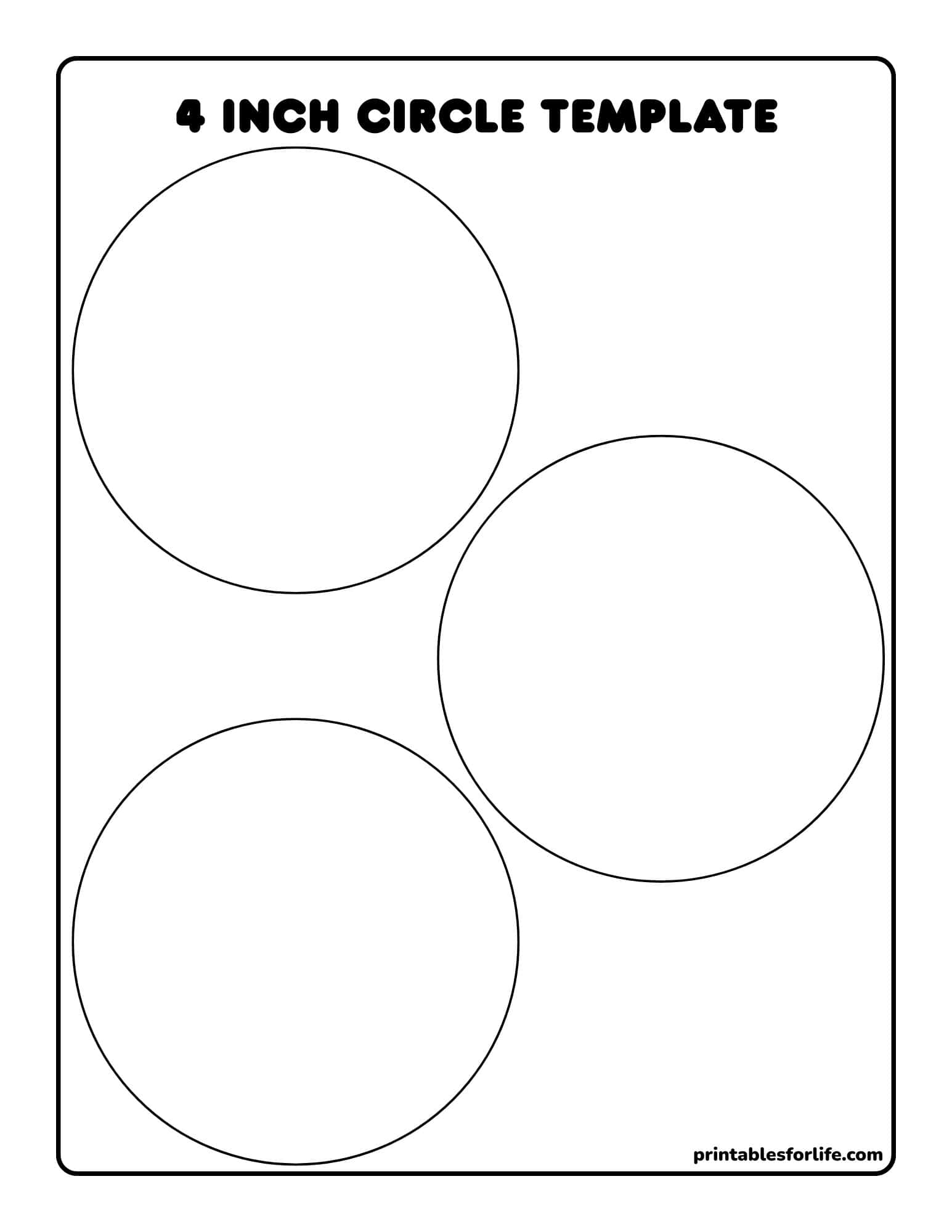 Black-outlined template showing three large overlapping 4-inch circle cutouts on a portrait rectangular page with rounded corners.