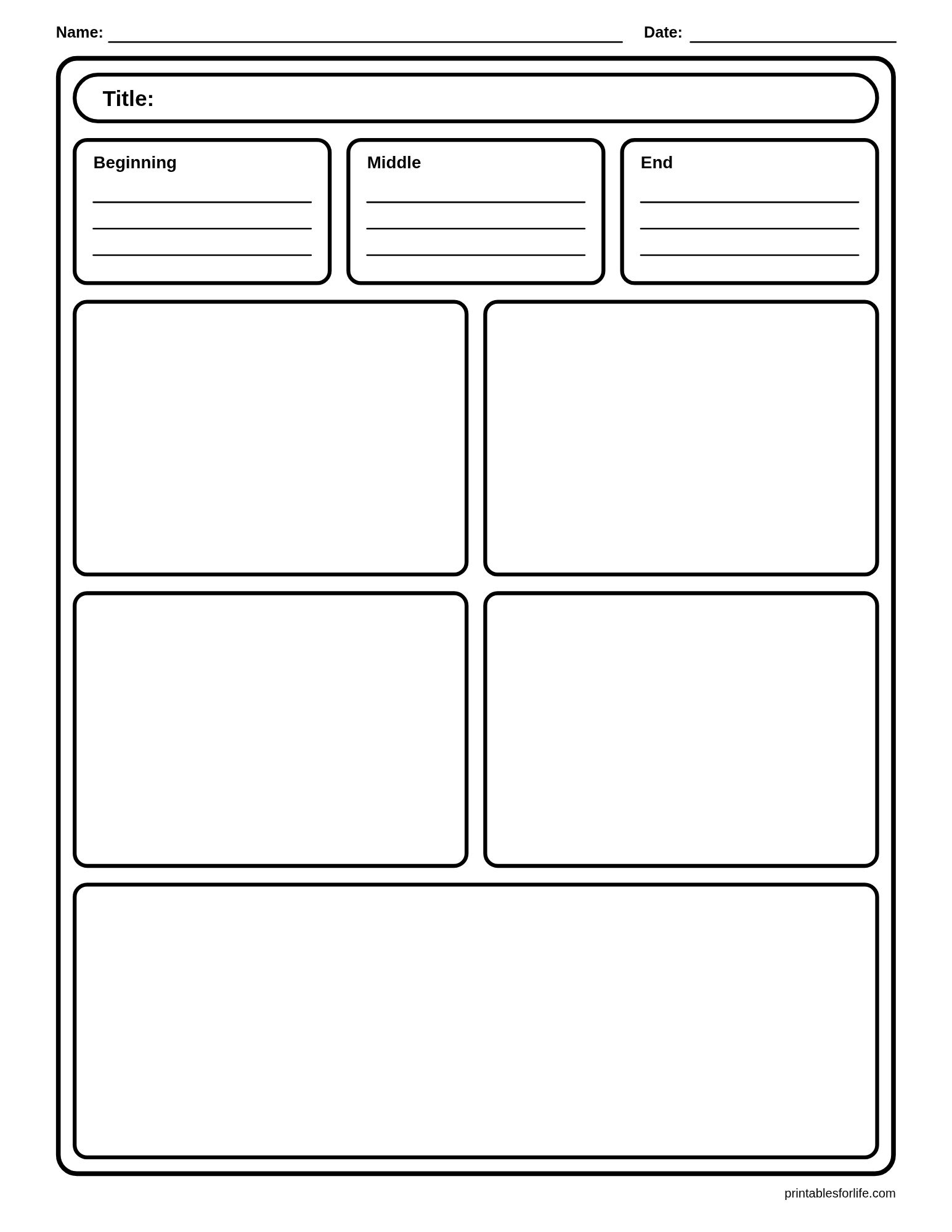 Black-and-white storyboard worksheet with title space, three small labeled boxes for Beginning, Middle, End, and multiple large blank panels for drawings.
