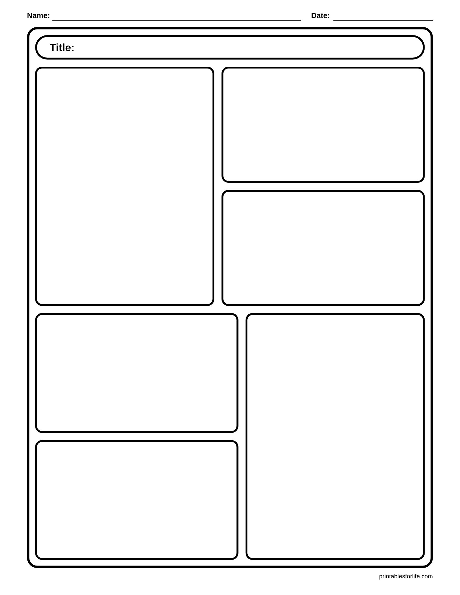 Blank black-and-white comic-strip style worksheet with a title bar and six rounded rectangular panels arranged two columns.
