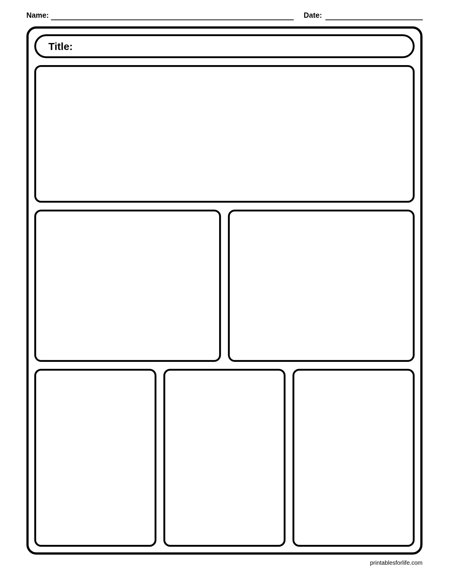 Blank comic-strip style worksheet with a title bar, one large top panel, two mid panels, and three lower panels framed by rounded borders.