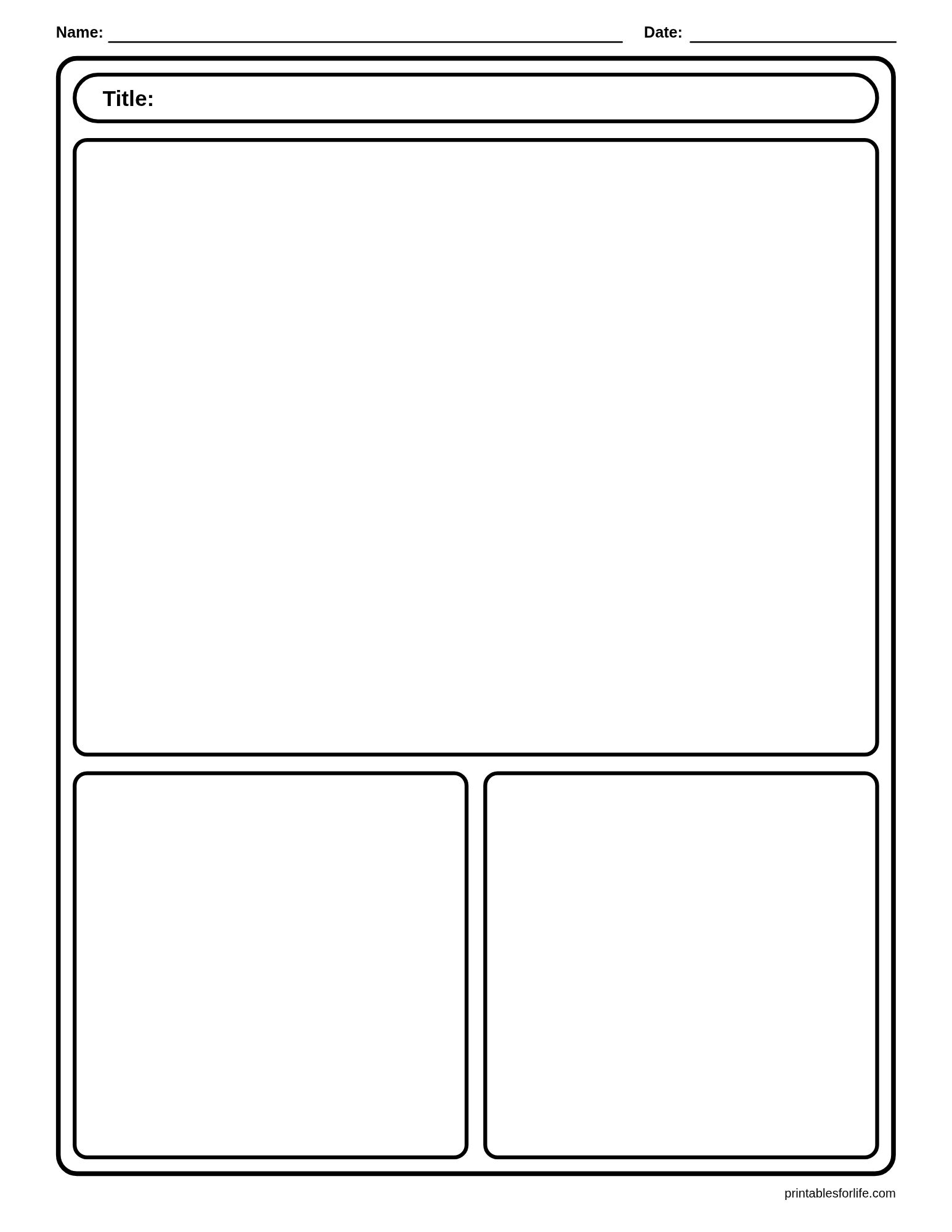 Blank worksheet with a large rounded rectangular title area, one big drawing box, and two equal rounded content panels below.