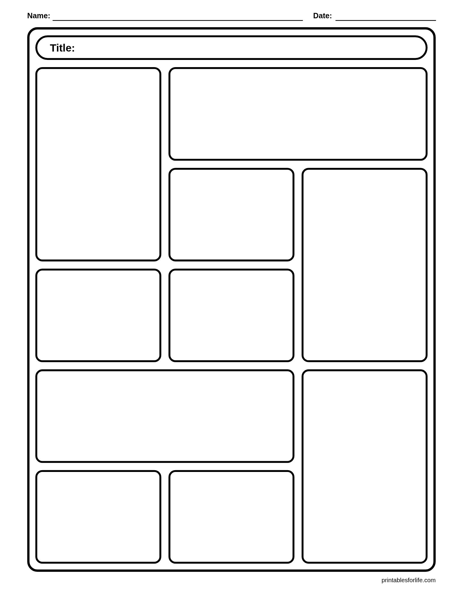Blank black-and-white comic strip layout with multiple rounded rectangular panels arranged in columns and rows and a title bar at top.