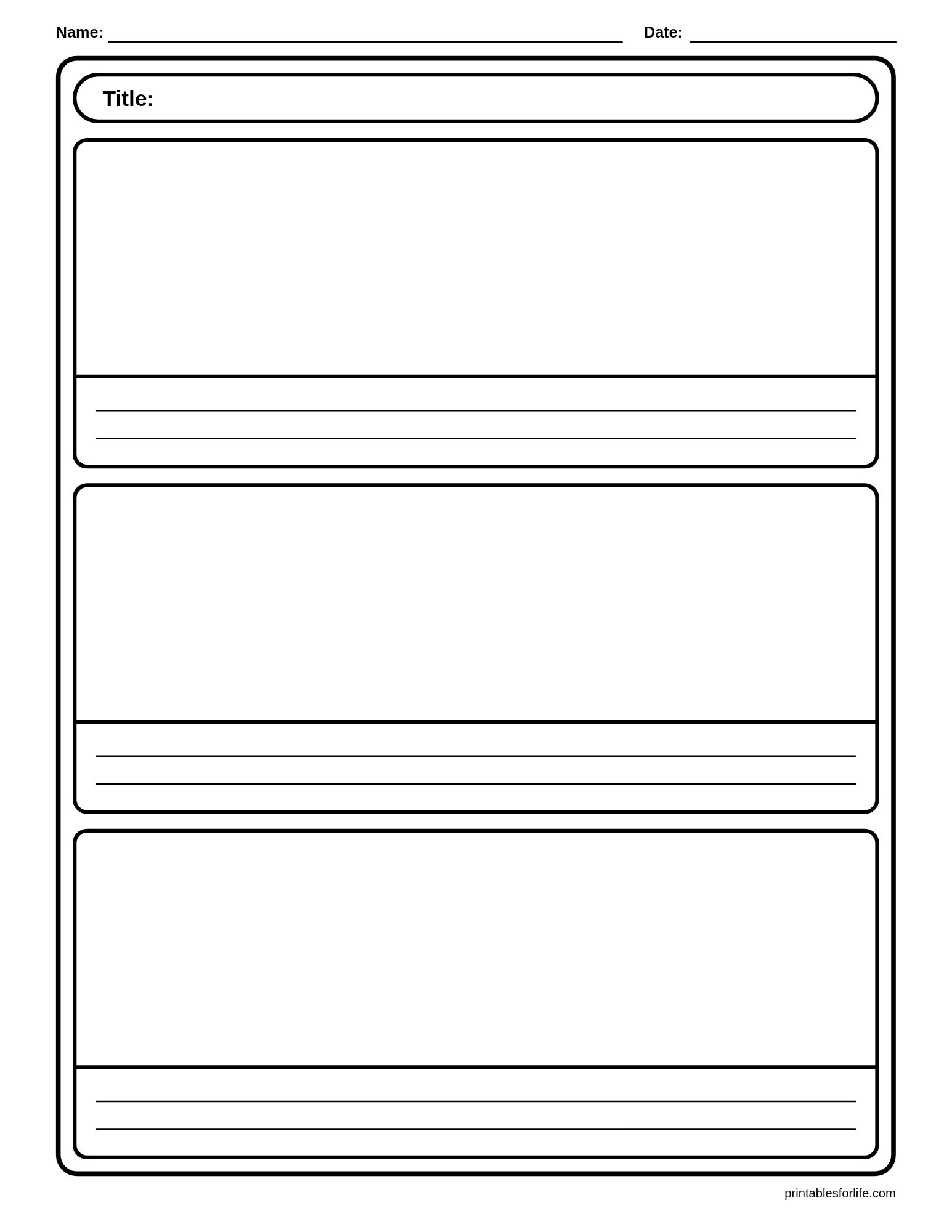 Black-and-white worksheet with stacked rounded rectangular panels for title, three large drawing boxes and lined writing areas.
