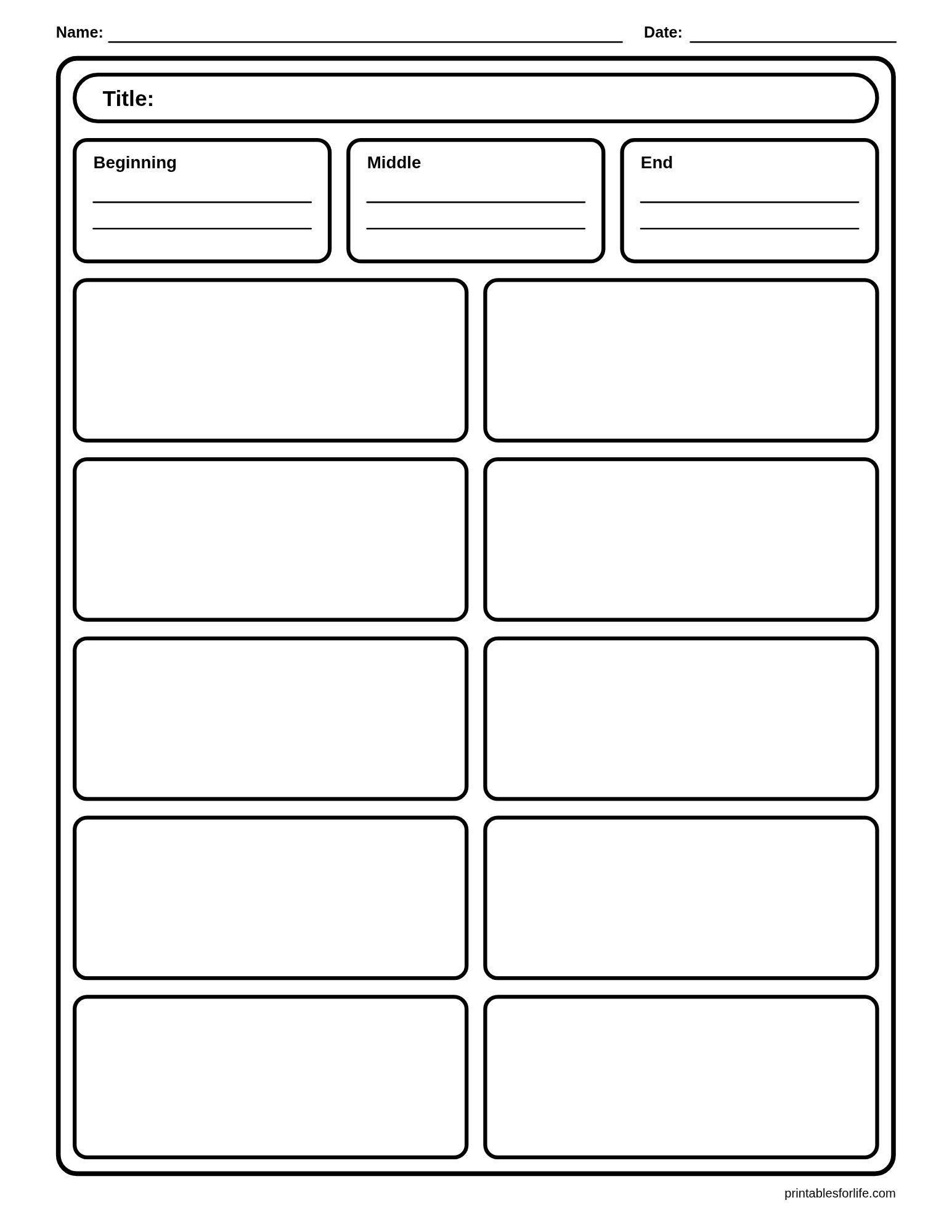 Blank black-and-white storyboard worksheet with title bar, three small labeled boxes (Beginning, Middle, End), and multiple empty rounded panels.