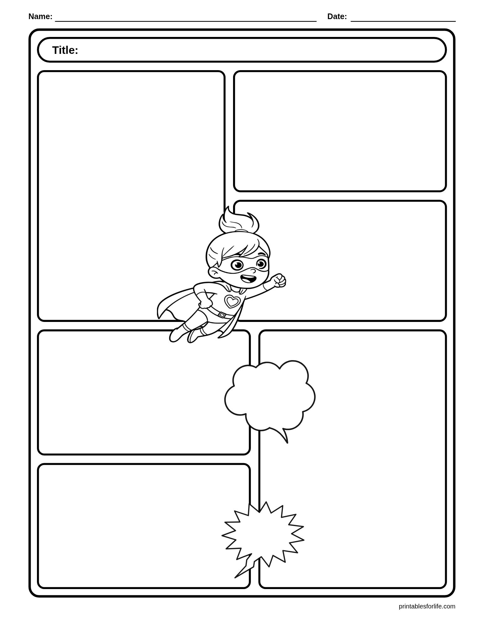Black-and-white comic strip template with multiple rectangular panels, speech bubbles, and a flying child superhero illustration.