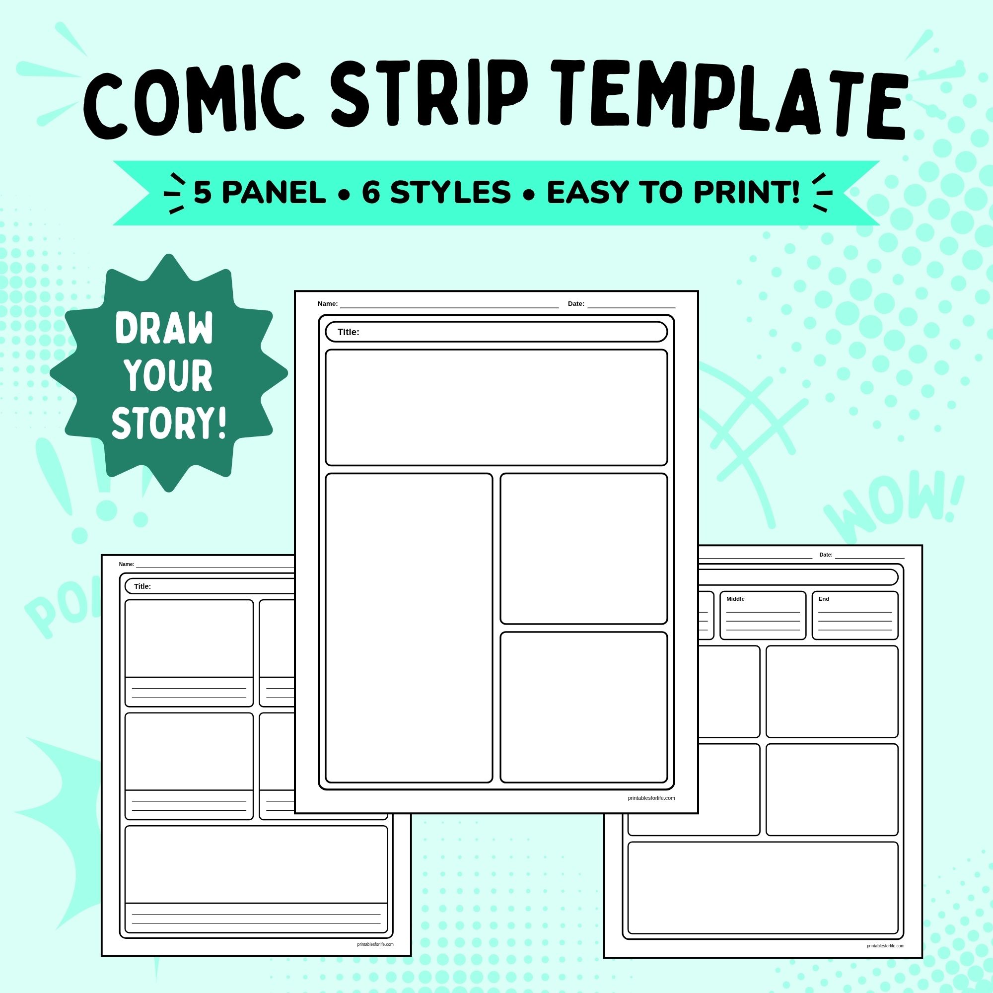 Layered five-panel comic strip templates with blank panels, title boxes, and mint green decorative background.