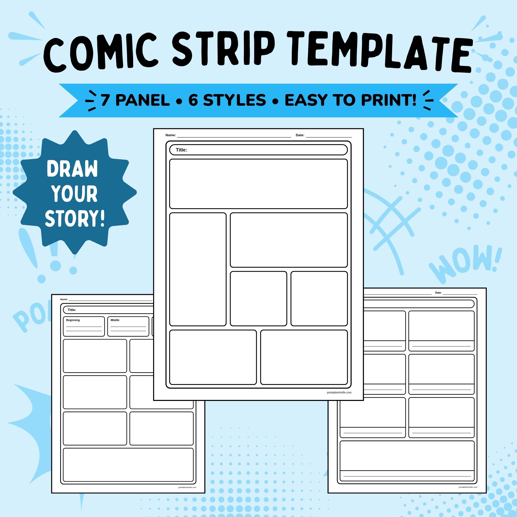 Bright blue comic-themed background featuring stacked blank black-and-white 7-panel comic strip templates with title boxes.