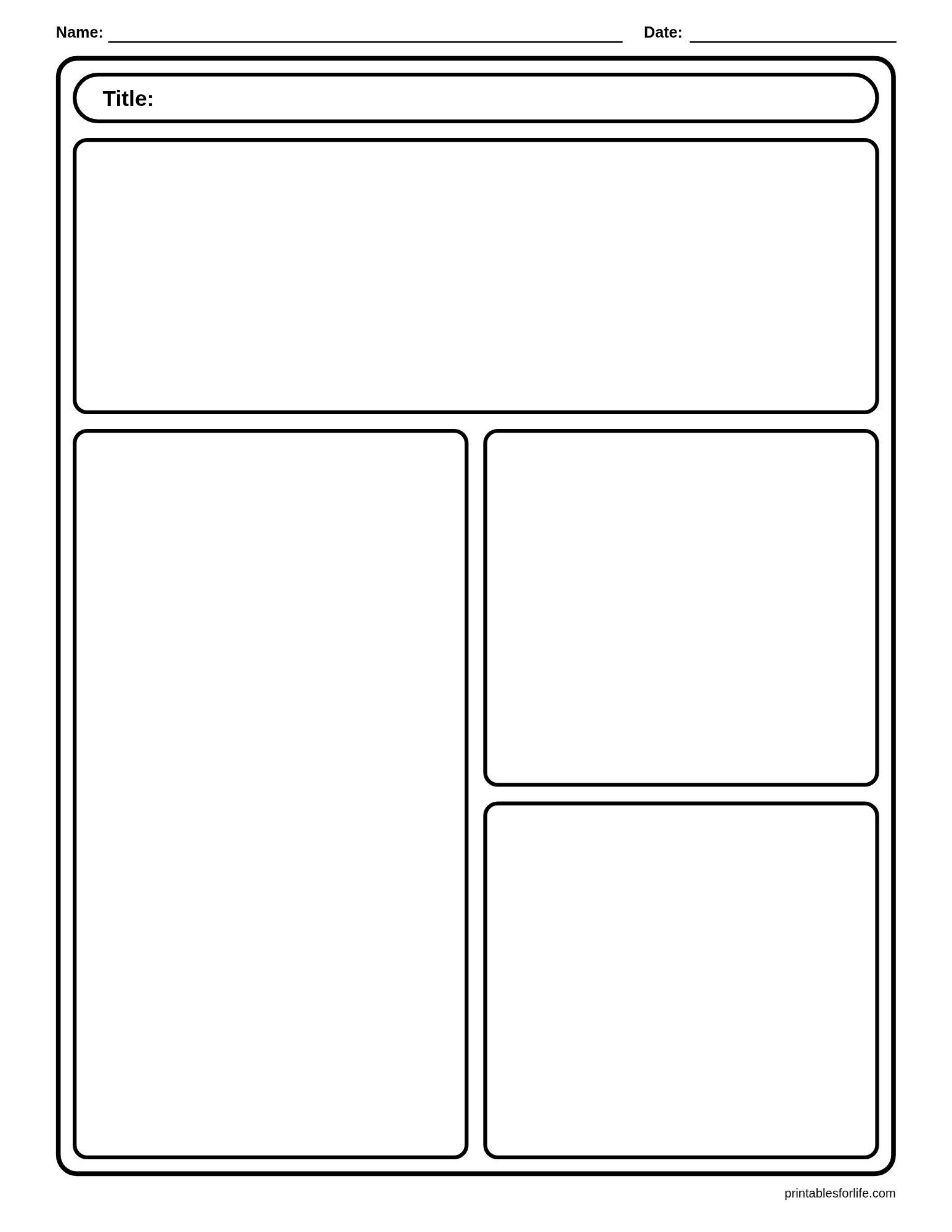 Blank black-and-white comic-style worksheet with labeled title area, large top panel and three smaller rounded panels below.