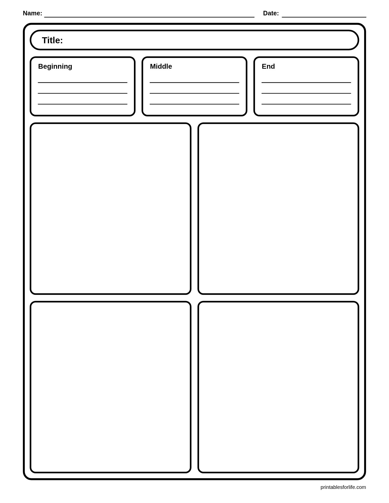 Black-and-white worksheet with title line, three small boxes labeled Beginning/Middle/End, and six large blank panels for drawings.