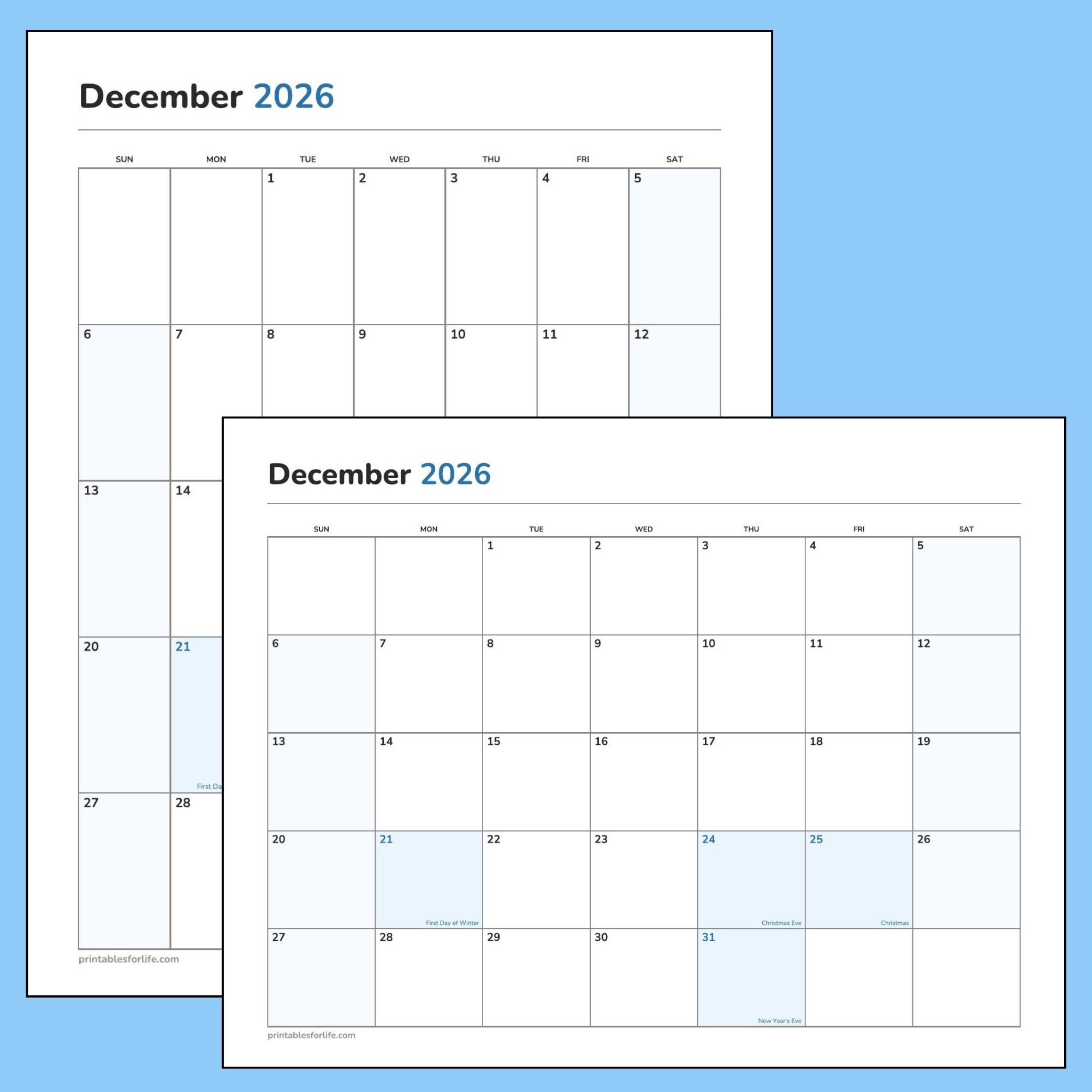 December 2026 printable calendar featured image showing the portrait and landscape layouts, with the first day of winter, Christmas Eve, Christmas and New Year's Eve marked.