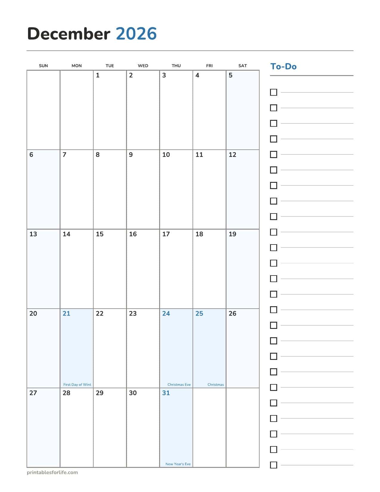 December 2026 calendar printable with holidays and a to-do checklist panel, portrait, Sunday start.