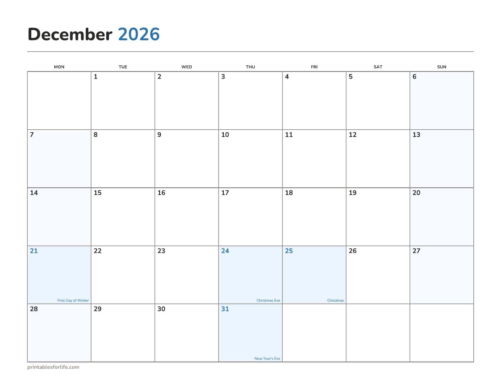December 2026 calendar printable with the holidays already marked, landscape, Monday start.