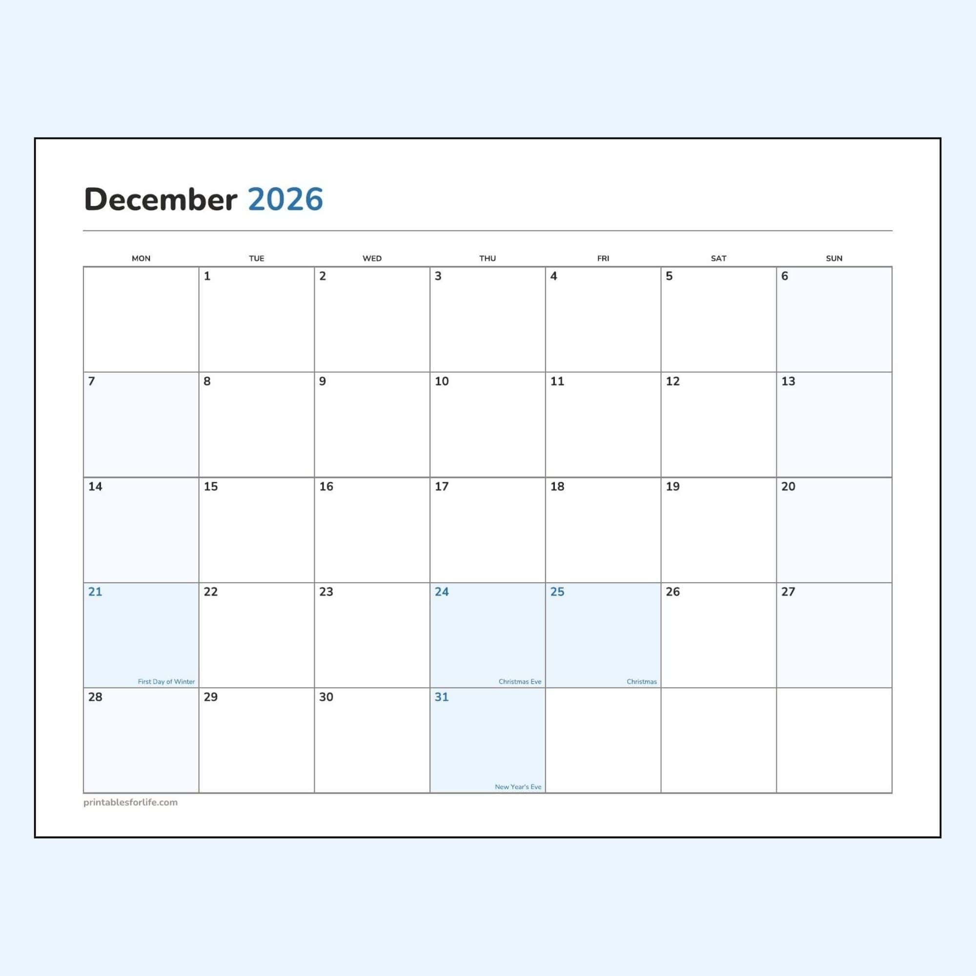 December 2026 calendar printable preview, landscape layout, Monday-start week, the first day of winter, Christmas Eve, Christmas and New Year's Eve marked.