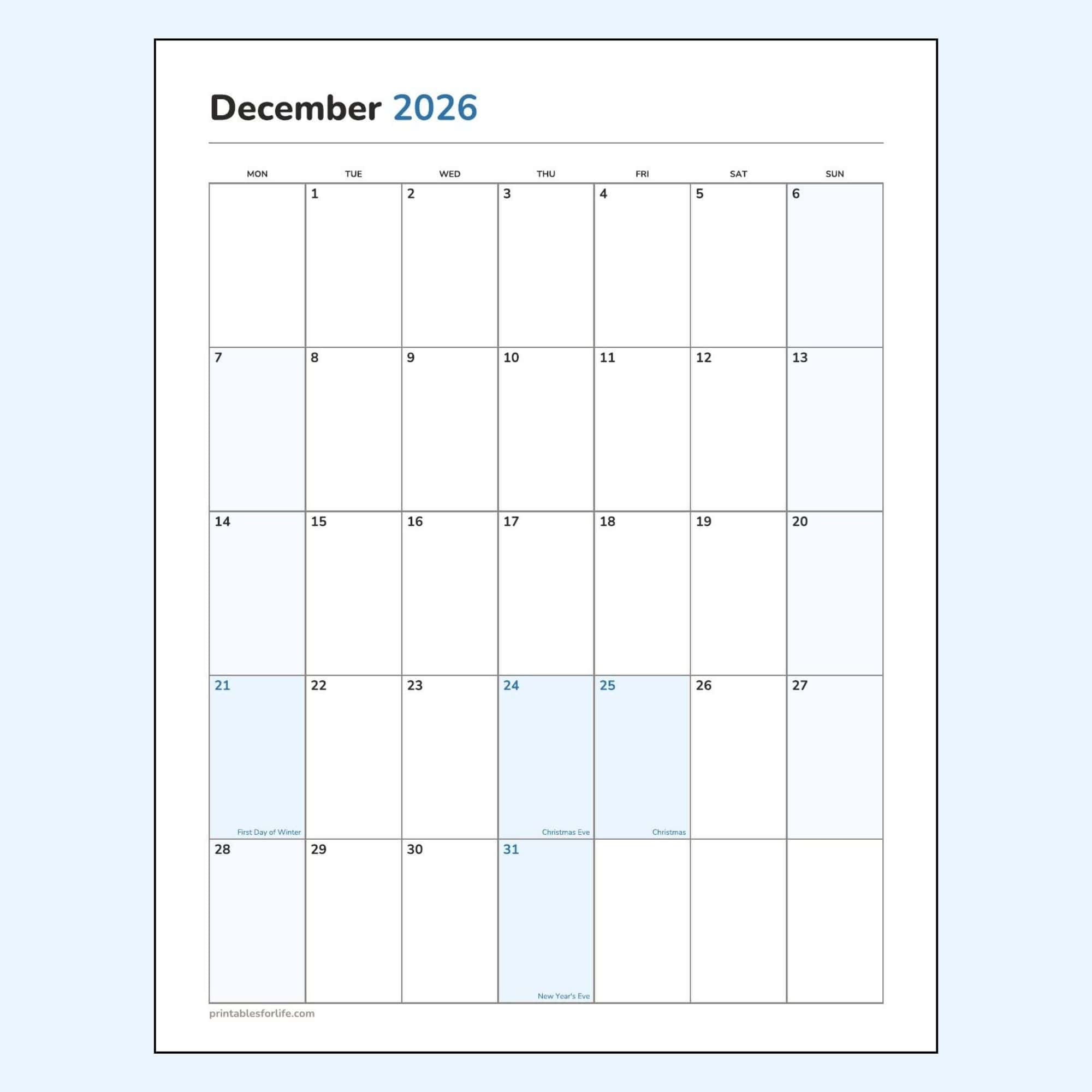 December 2026 calendar printable preview, portrait layout, Monday-start week, the first day of winter, Christmas Eve, Christmas and New Year's Eve marked.