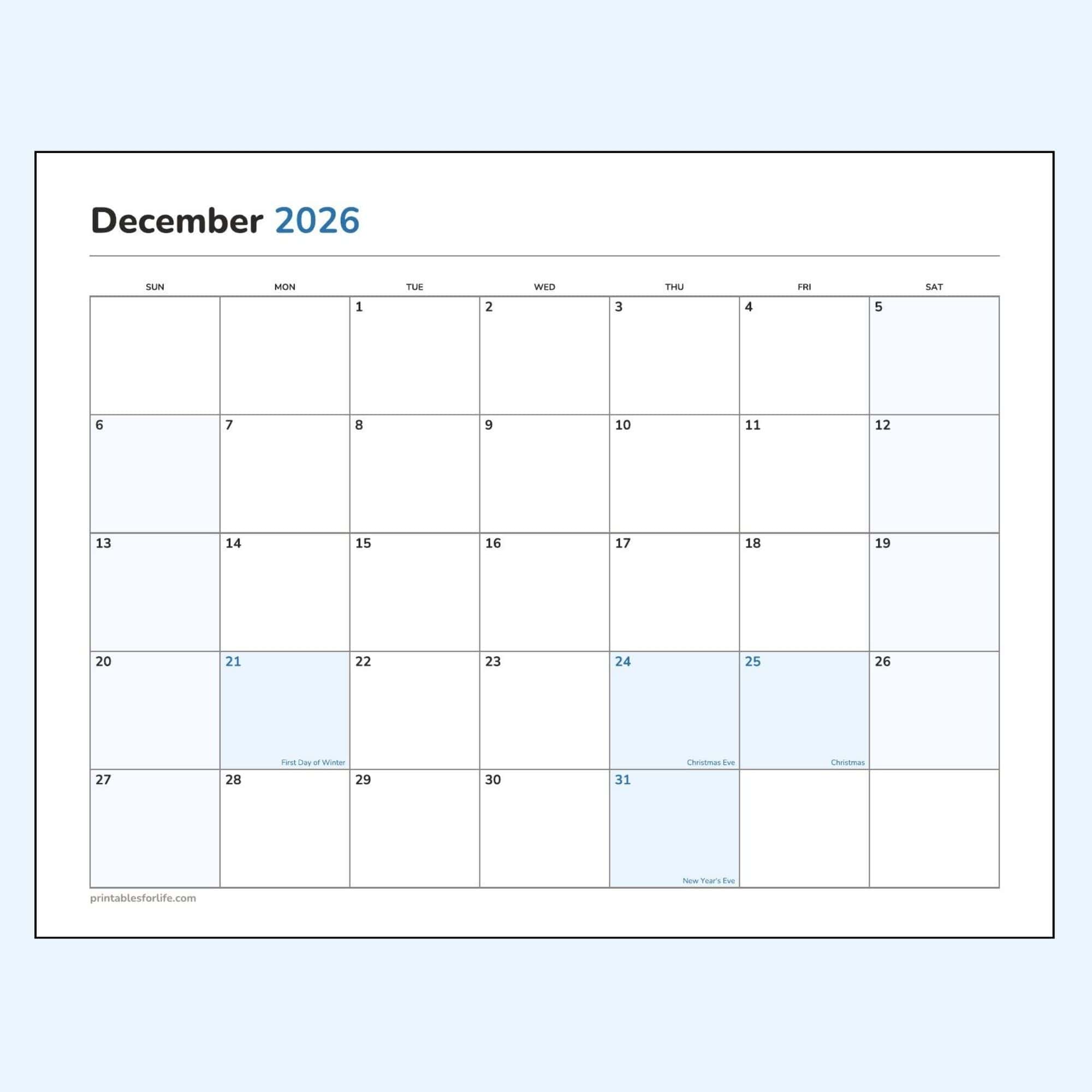 December 2026 calendar printable preview, landscape layout, Sunday-start week, the first day of winter, Christmas Eve, Christmas and New Year's Eve marked.