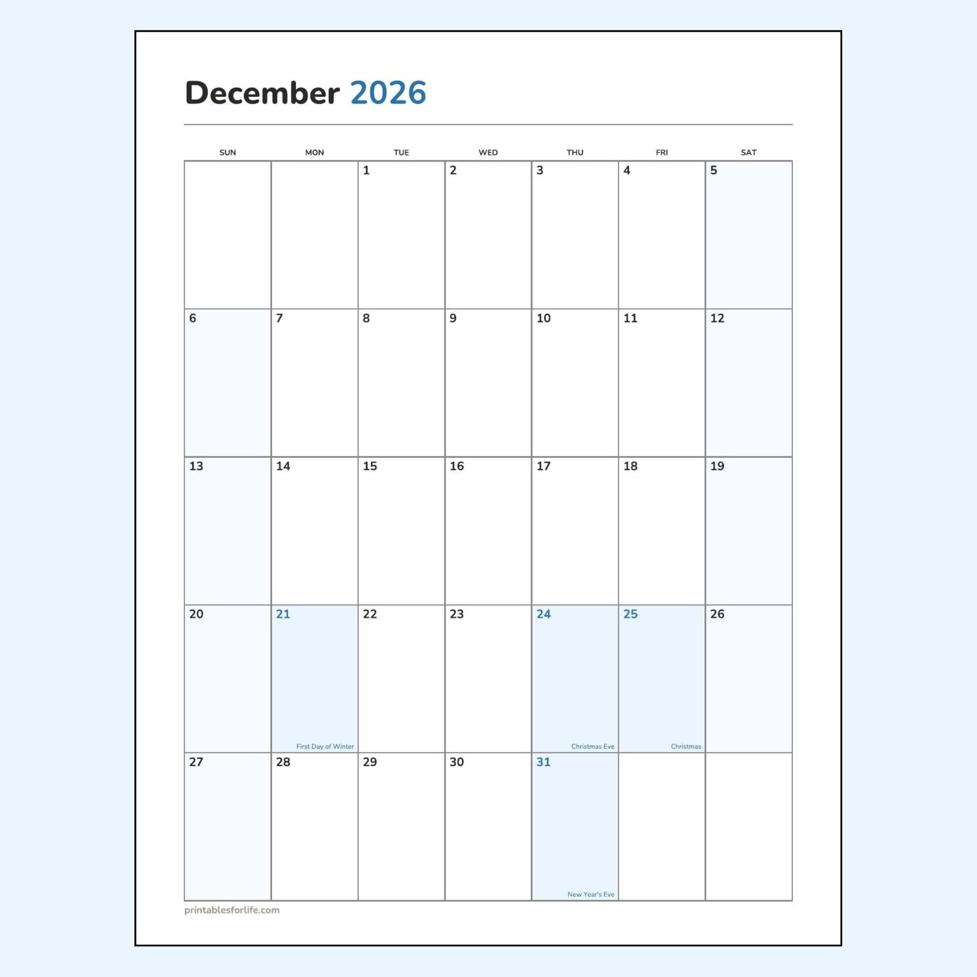 December 2026 calendar printable preview, portrait layout, Sunday-start week, the first day of winter, Christmas Eve, Christmas and New Year's Eve marked.