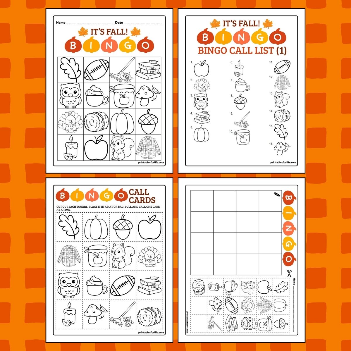 Four-page fall-themed bingo printable set with black-and-white icon cards and a colorful orange border.