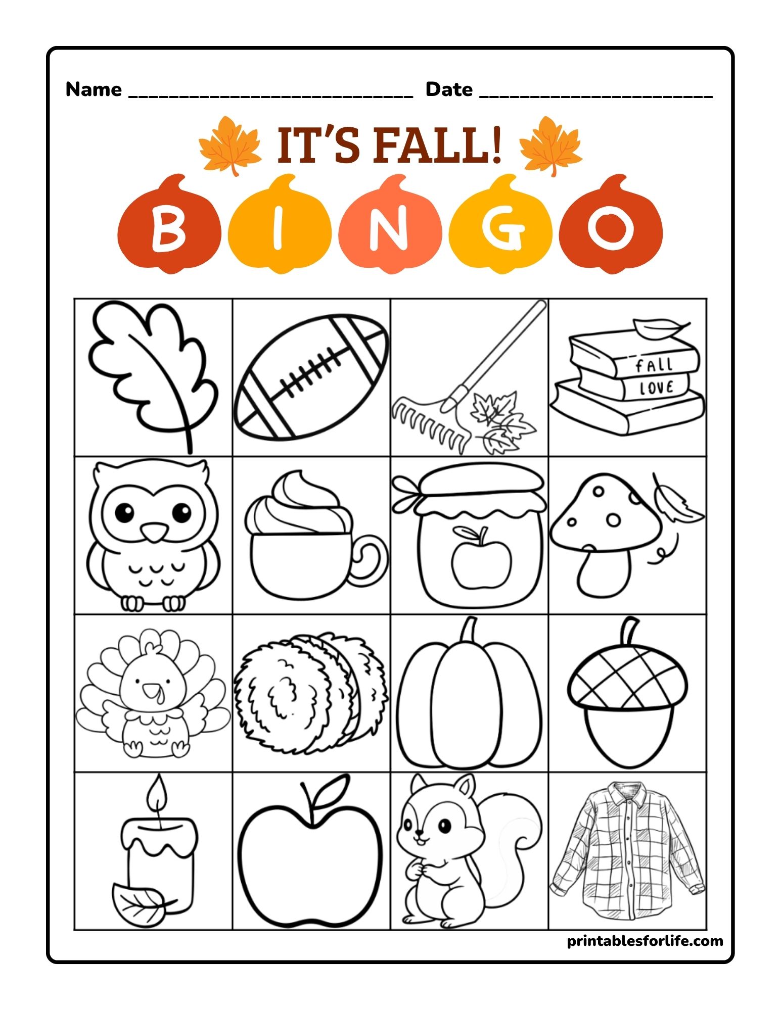 Black-and-white fall-themed bingo grid with 5x5 illustrated squares showing seasonal items like leaf, owl, pumpkin, acorn, and plaid shirt.