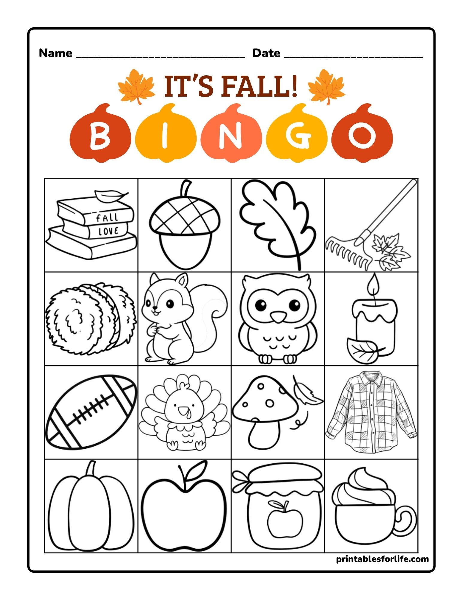 Black-and-white fall-themed bingo worksheet with a 4x4 grid of line-drawn icons like pumpkins, apple, owl, squirrel, and candle.