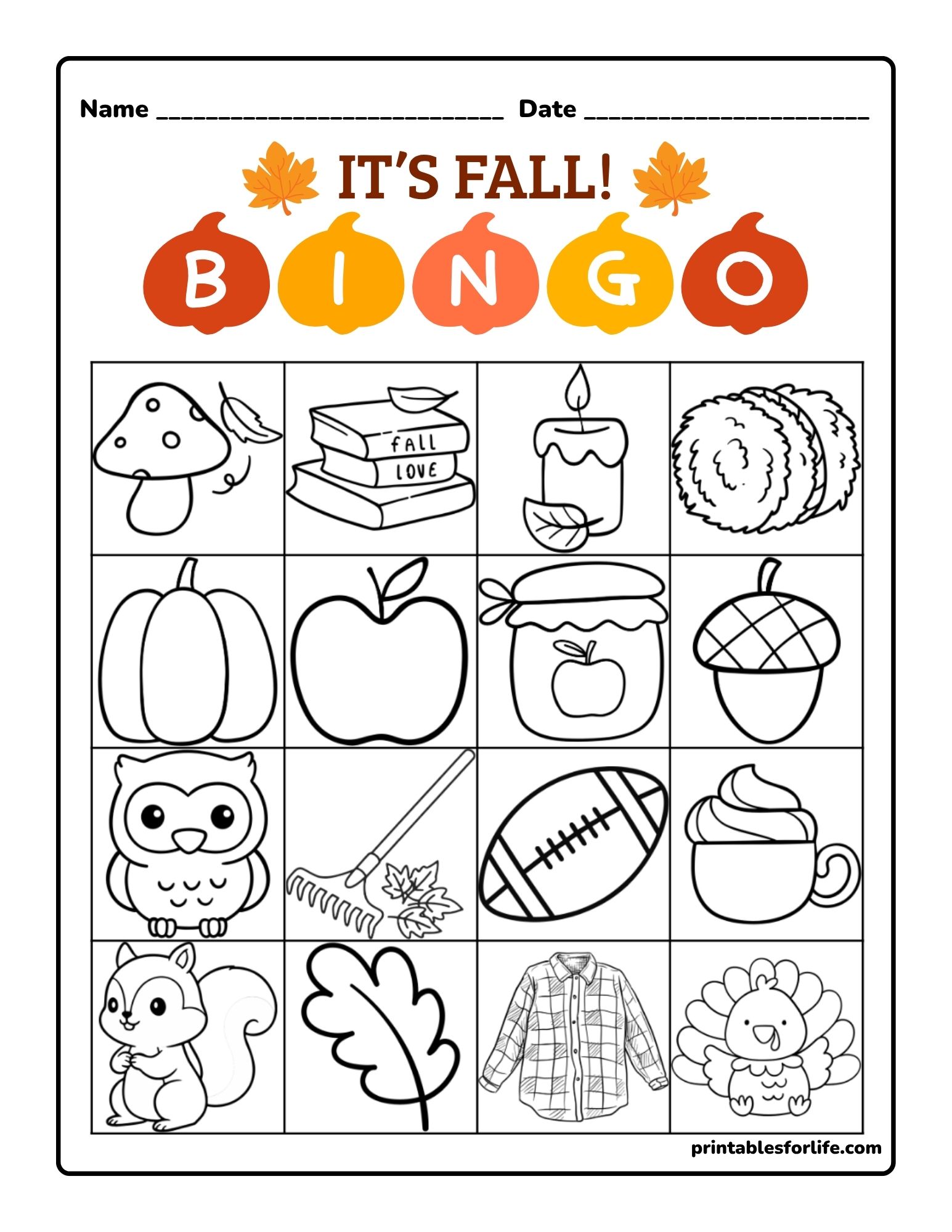 Black-and-white fall-themed bingo grid with 16 small squares containing pumpkins, apple, acorn, owl, rake, football, mug, leaf, squirrel, shirt and turkey.
