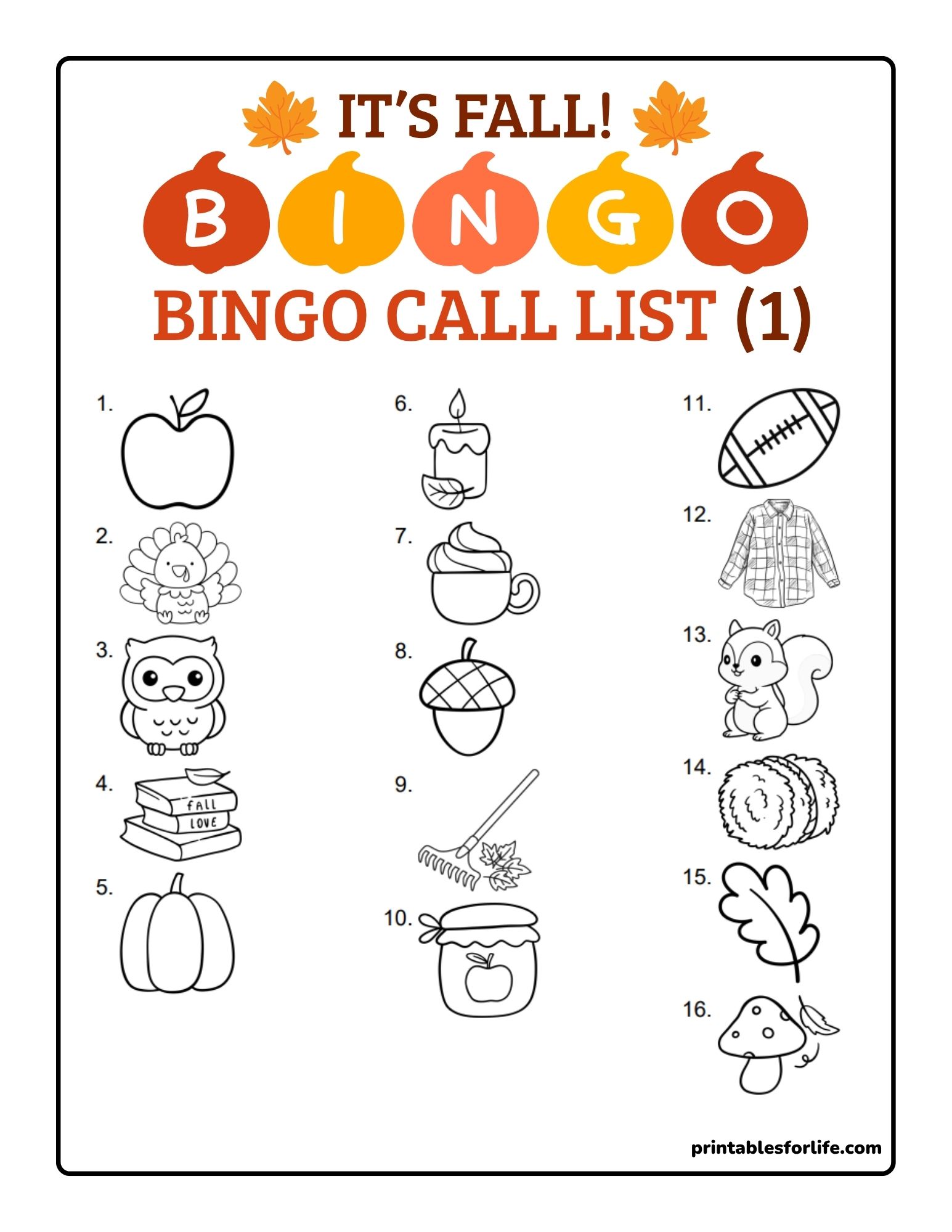 Black-and-white fall bingo call list sheet with numbered autumn icons arranged in three vertical columns.
