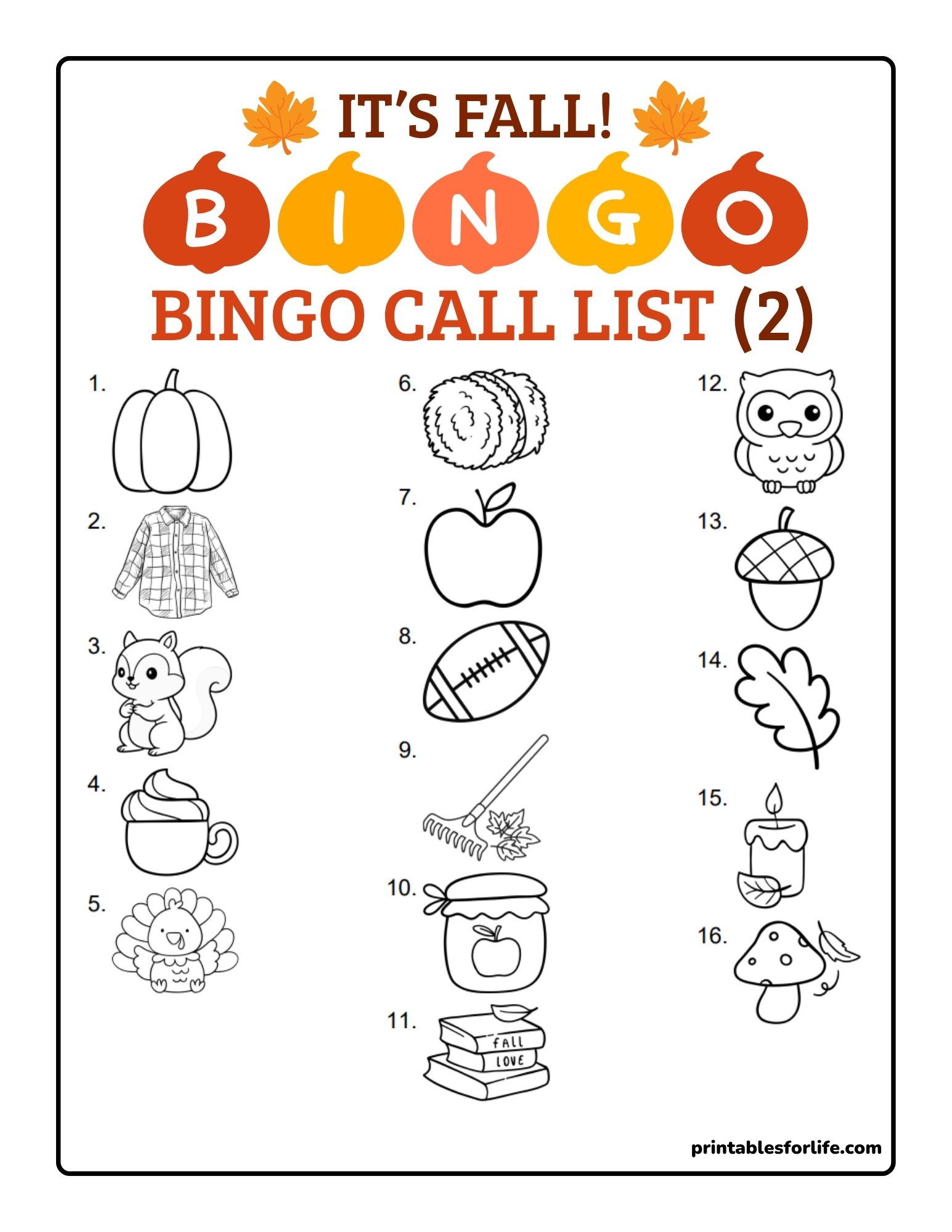 Black-and-white fall-themed bingo call list poster with numbered line drawings like pumpkin, squirrel, apple, and acorn.