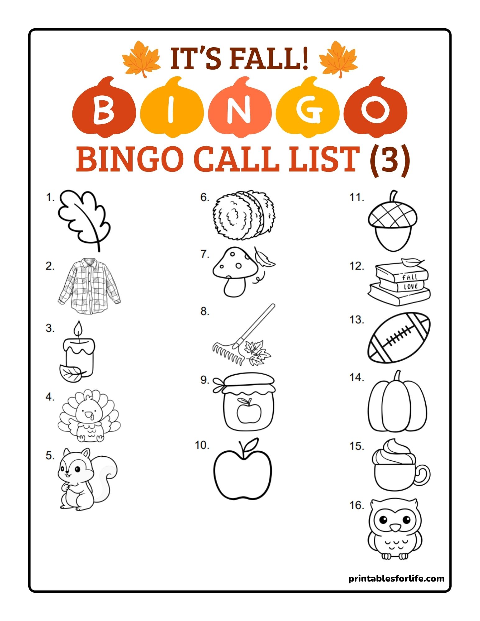 Vertical printable Bingo call list with numbered black-and-white fall icons down three columns and a colorful autumn header.