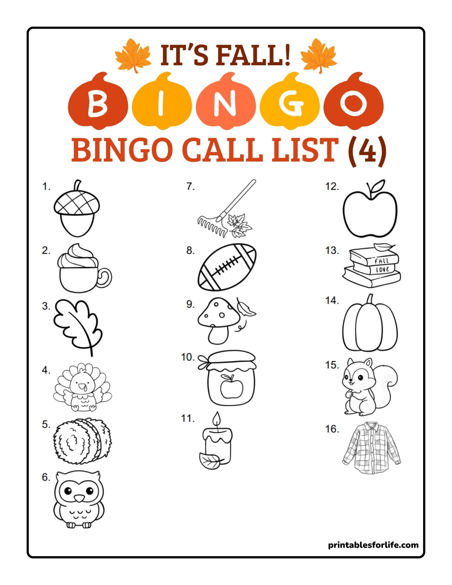 Vertical fall-themed bingo call list with 16 numbered black-and-white line-drawn icons like acorn, apple, pumpkin, owl, and squirrel.