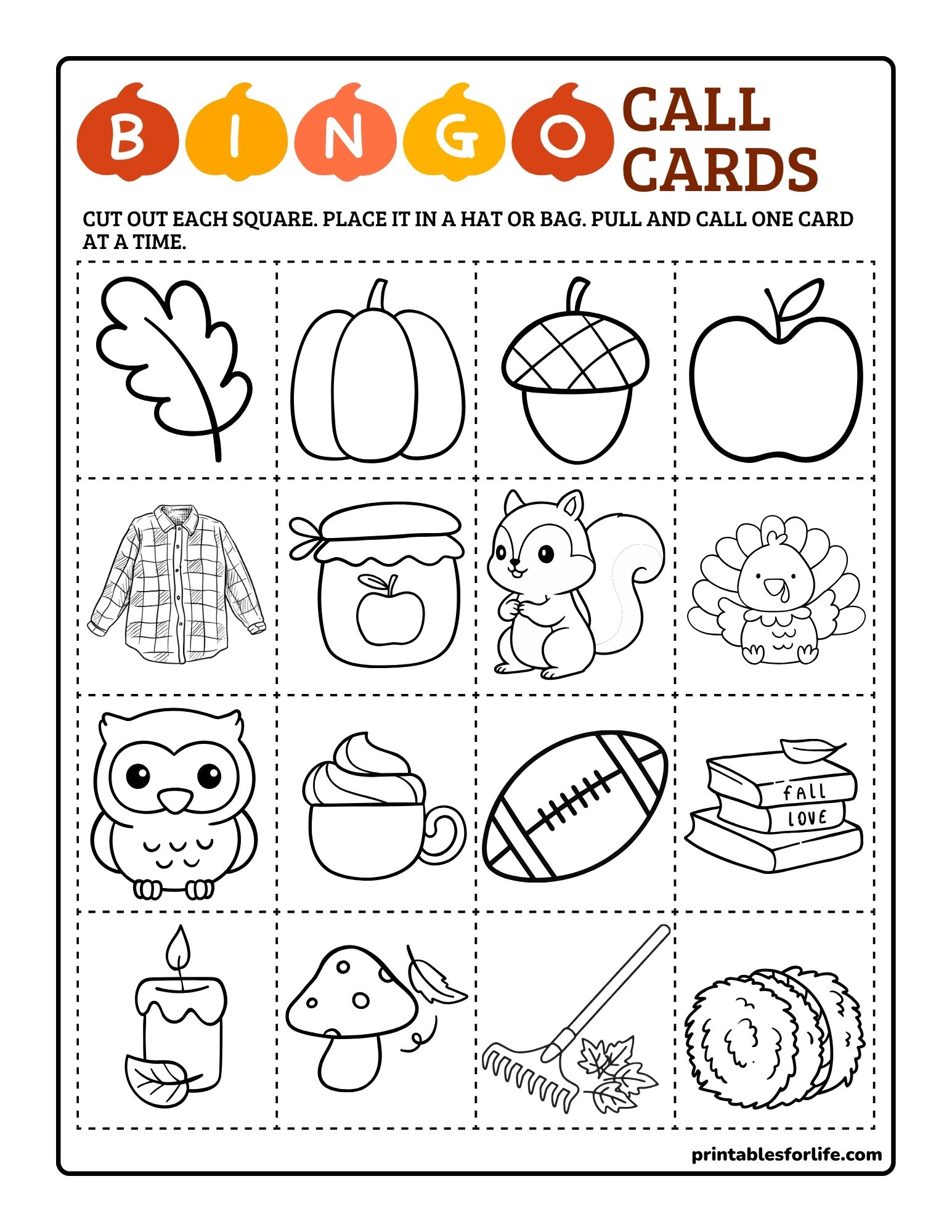 Black-and-white bingo call cards sheet with 20 dashed-cut squares containing autumn-themed line drawings such as leaf, pumpkin, acorn, apple, squirrel, turkey, owl, coffee, football, books, candle, mushroom, rake, and hay bales.