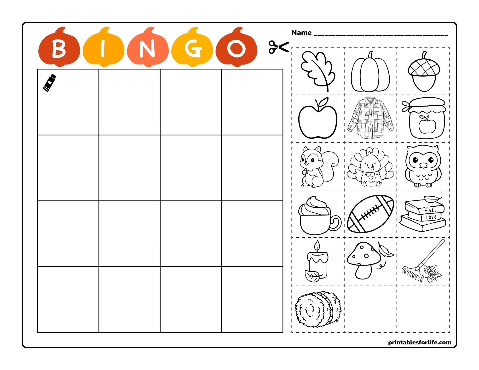Black-and-white printable bingo sheet with a 5x5 grid at left and cut-out autumn-themed icons in dashed boxes at right.
