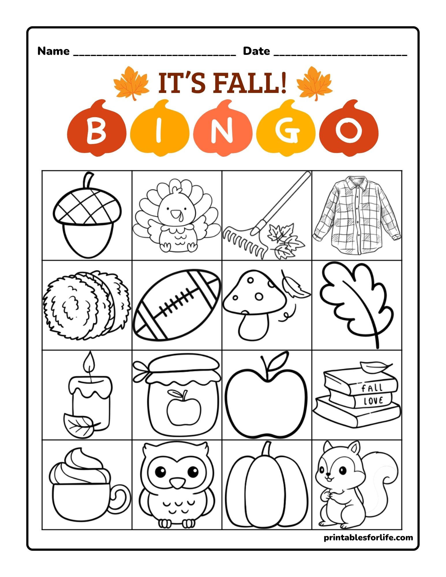 Black-and-white fall-themed bingo grid with 16 illustrated squares showing acorn, turkey, rake, shirt, hay, football, mushroom, leaf, candle, jar, apple, books, hot drink, owl, pumpkin, and squirrel.
