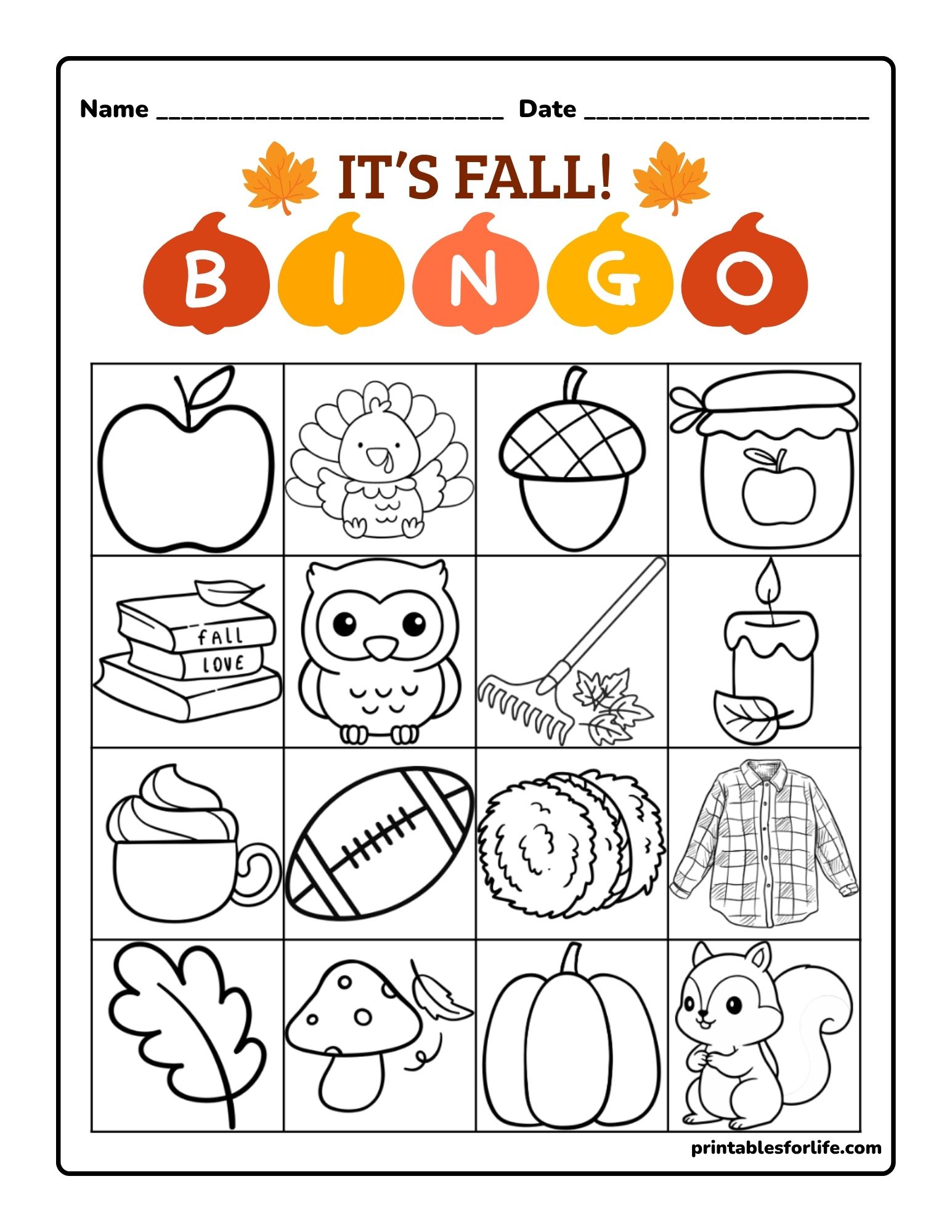 Black-and-white fall-themed bingo grid with 16 outlined icons like apple, turkey, acorn, owl, rake, candle, pumpkin, and squirrel.