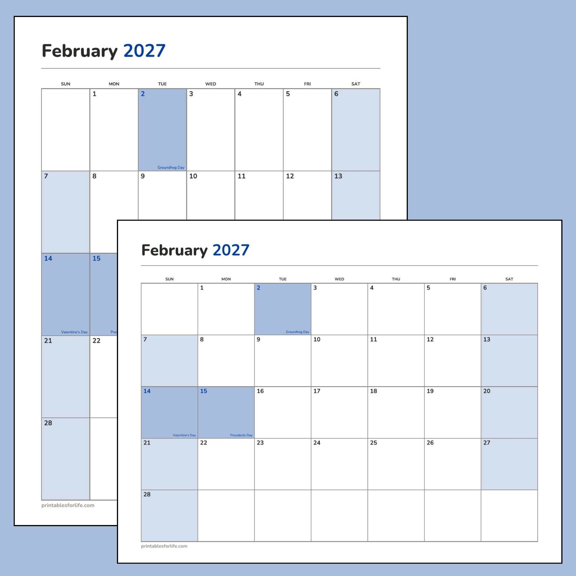 February 2027 printable calendar featured image showing the portrait and landscape layouts, with Groundhog Day, Valentine's Day and Presidents' Day marked.