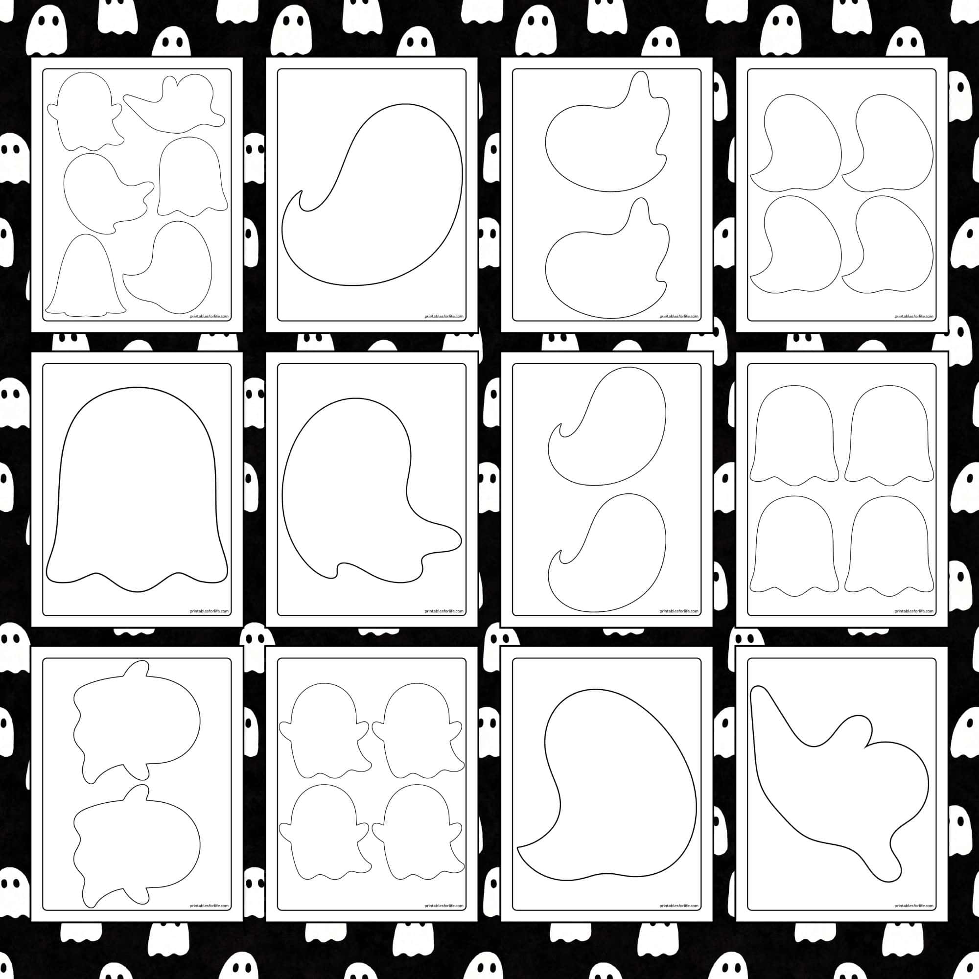 Grid of black-and-white printable ghost and blob-shaped cutout templates arranged on a repeating ghost-pattern background.