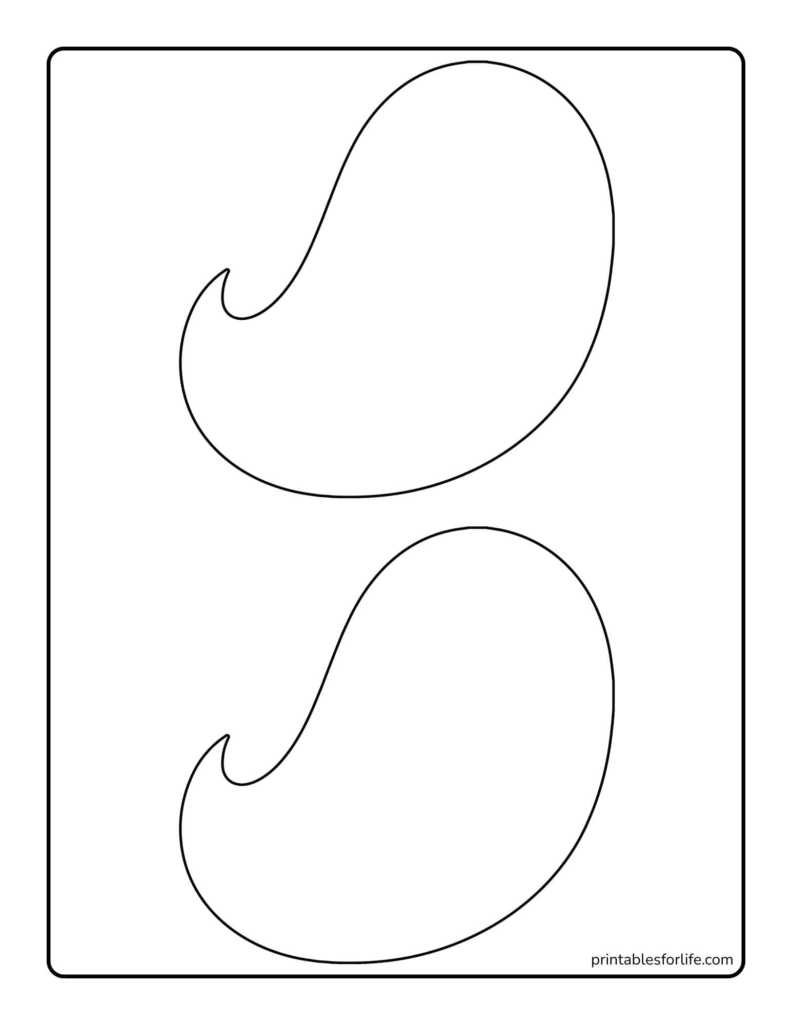 Black outline of two large bean-shaped swirls stacked vertically on a white rectangular page with rounded border.
