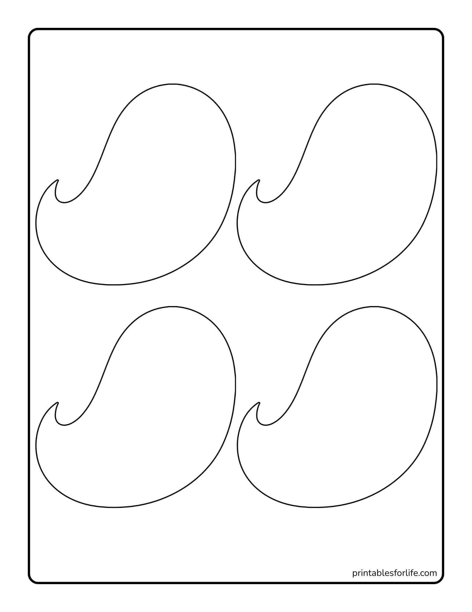 Large vertical coloring page with four identical paisley-shaped outlines arranged in two rows on a bordered white sheet.