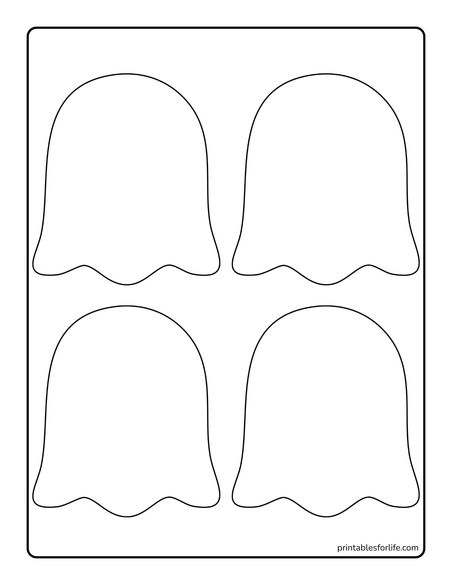 Black outline of four simple ghost shapes arranged in two rows on a white rectangular coloring page with rounded border.