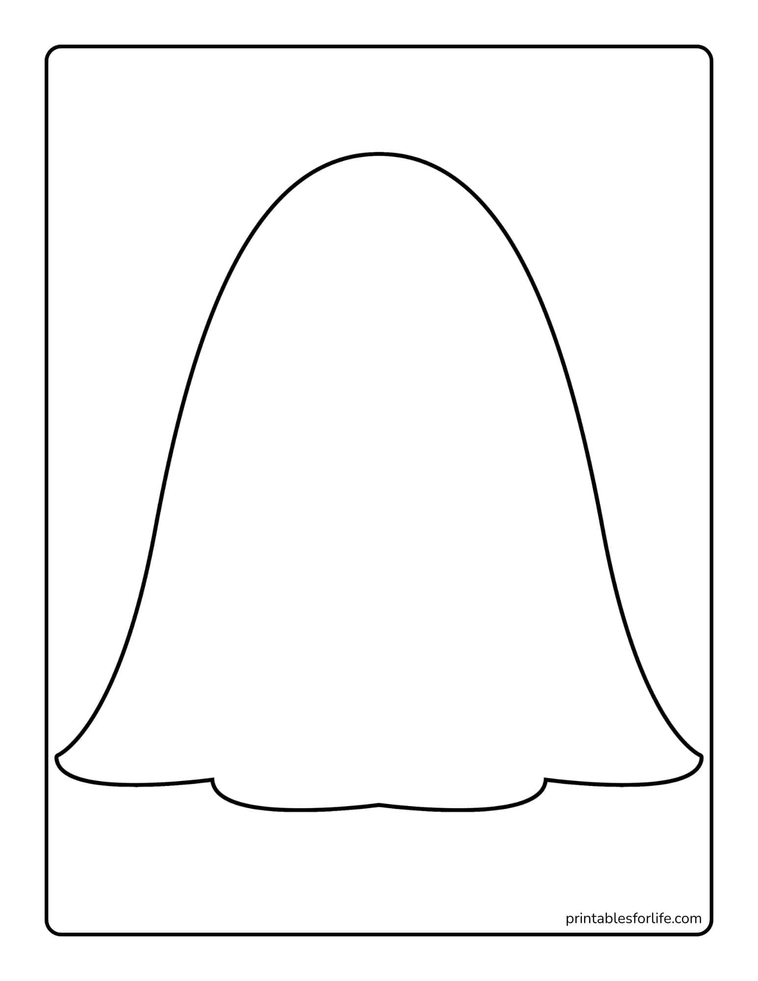 Black outlined dress shape with scalloped hem centered on a white rectangular coloring page with rounded border.